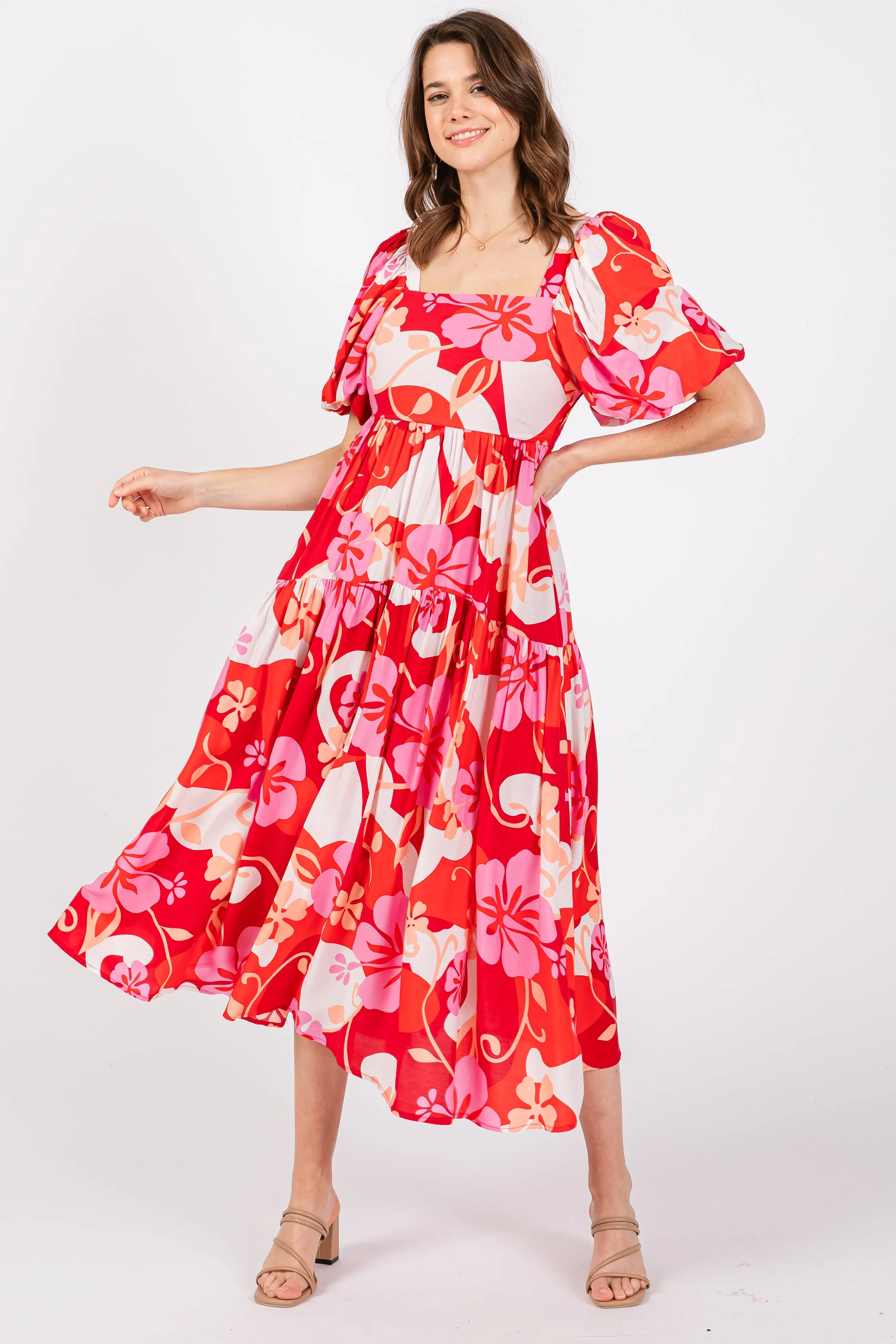 Red Floral Tiered Puff Sleeve Midi Dress sold by Pinkblush