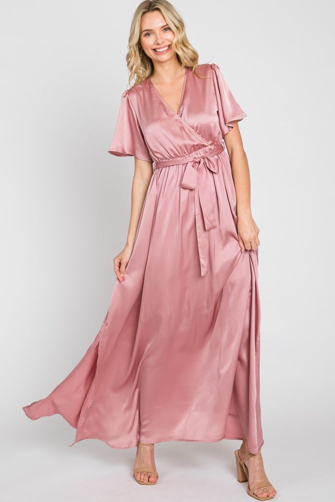 Pink Satin Wrap Front V-Neck Short Sleeve Side Slit Maxi Dress sold by Pinkblush