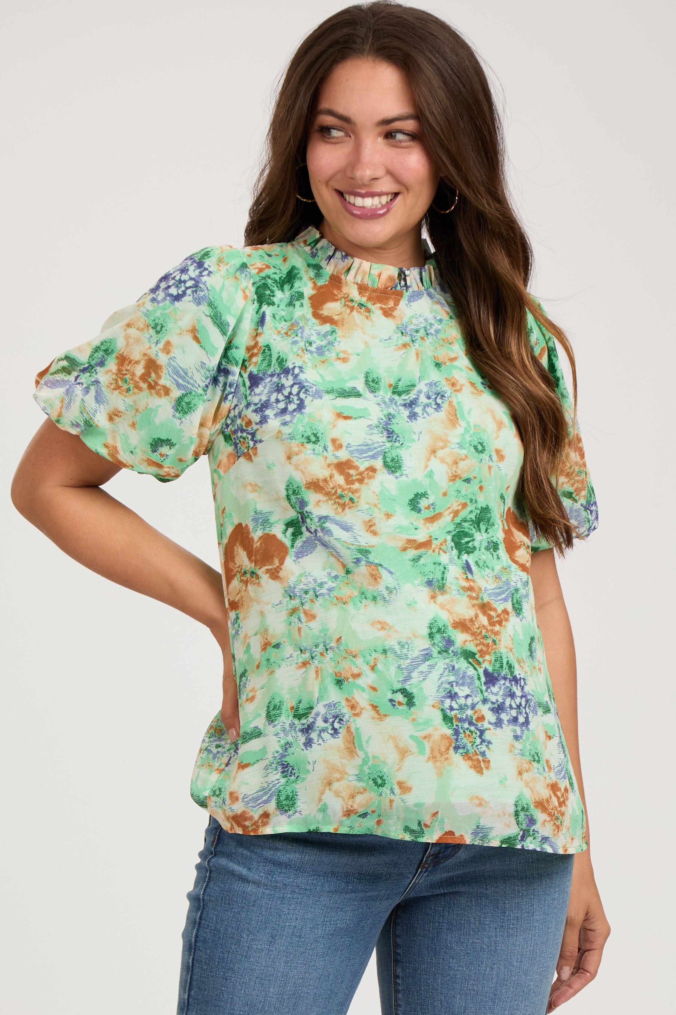 Green Floral Puff Sleeve Maternity Blouse sold by Pinkblush