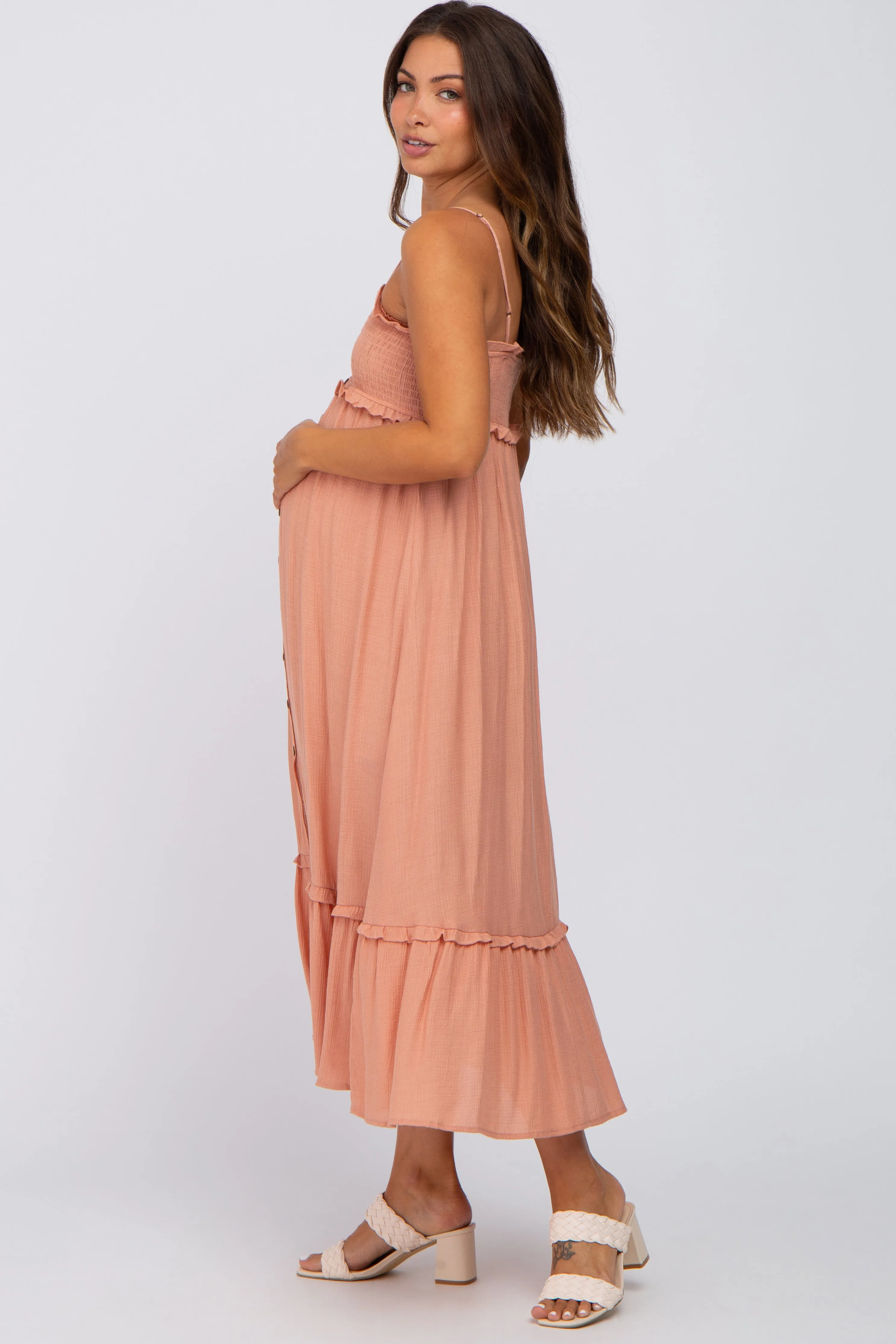 Peach Smocked Button Accent Maternity Midi Dress sold by Pinkblush product image thumbnail 2