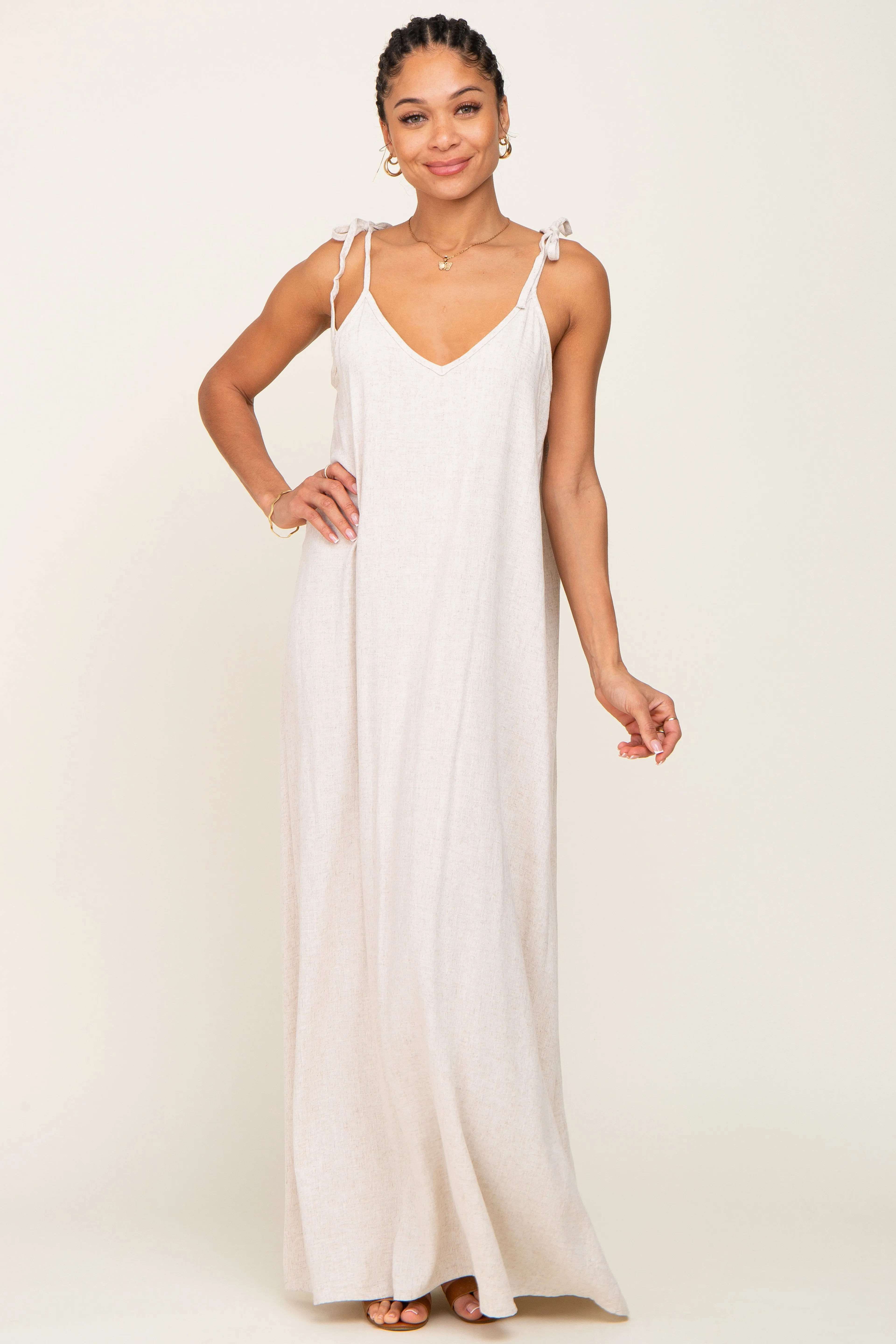Beige Linen V-Neck Tie Strap Maxi Dress sold by Pinkblush product image thumbnail 4