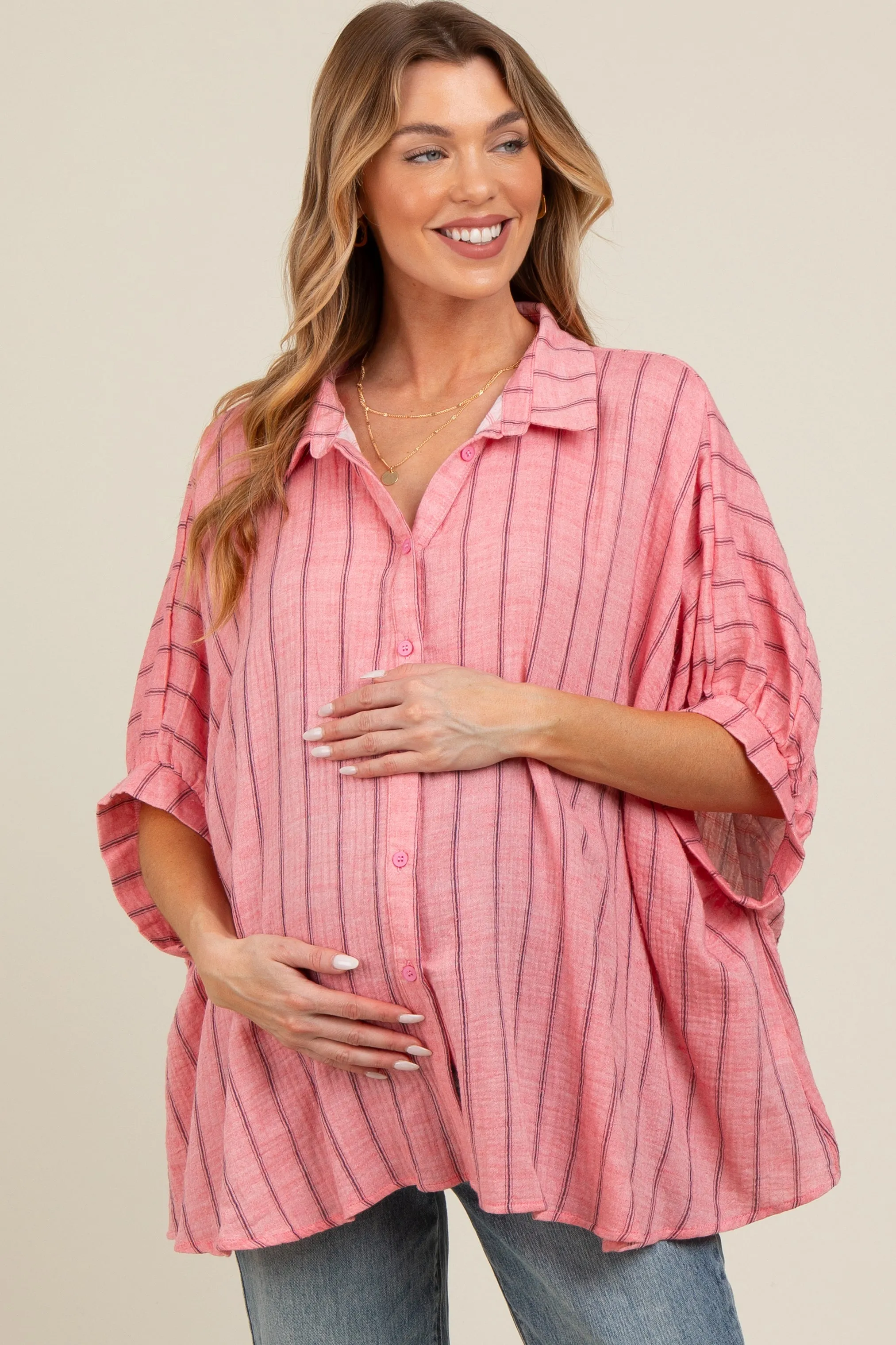 Pink Striped Collared Oversized Maternity Top sold by Pinkblush product image thumbnail 3