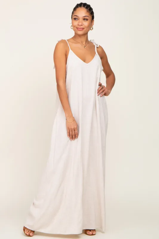 Beige Linen V-Neck Tie Strap Maxi Dress sold by Pinkblush