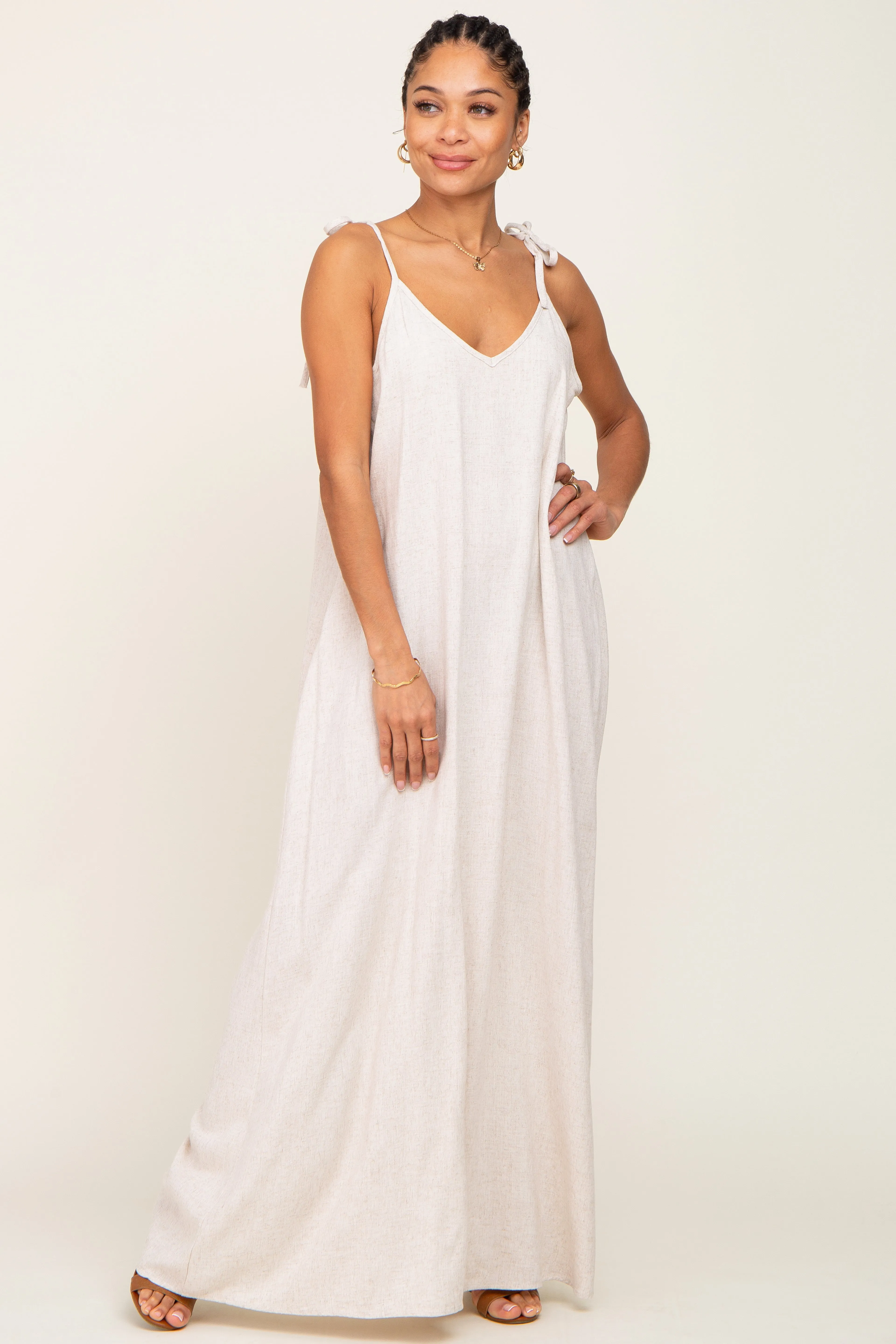 Beige Linen V-Neck Tie Strap Maxi Dress sold by Pinkblush