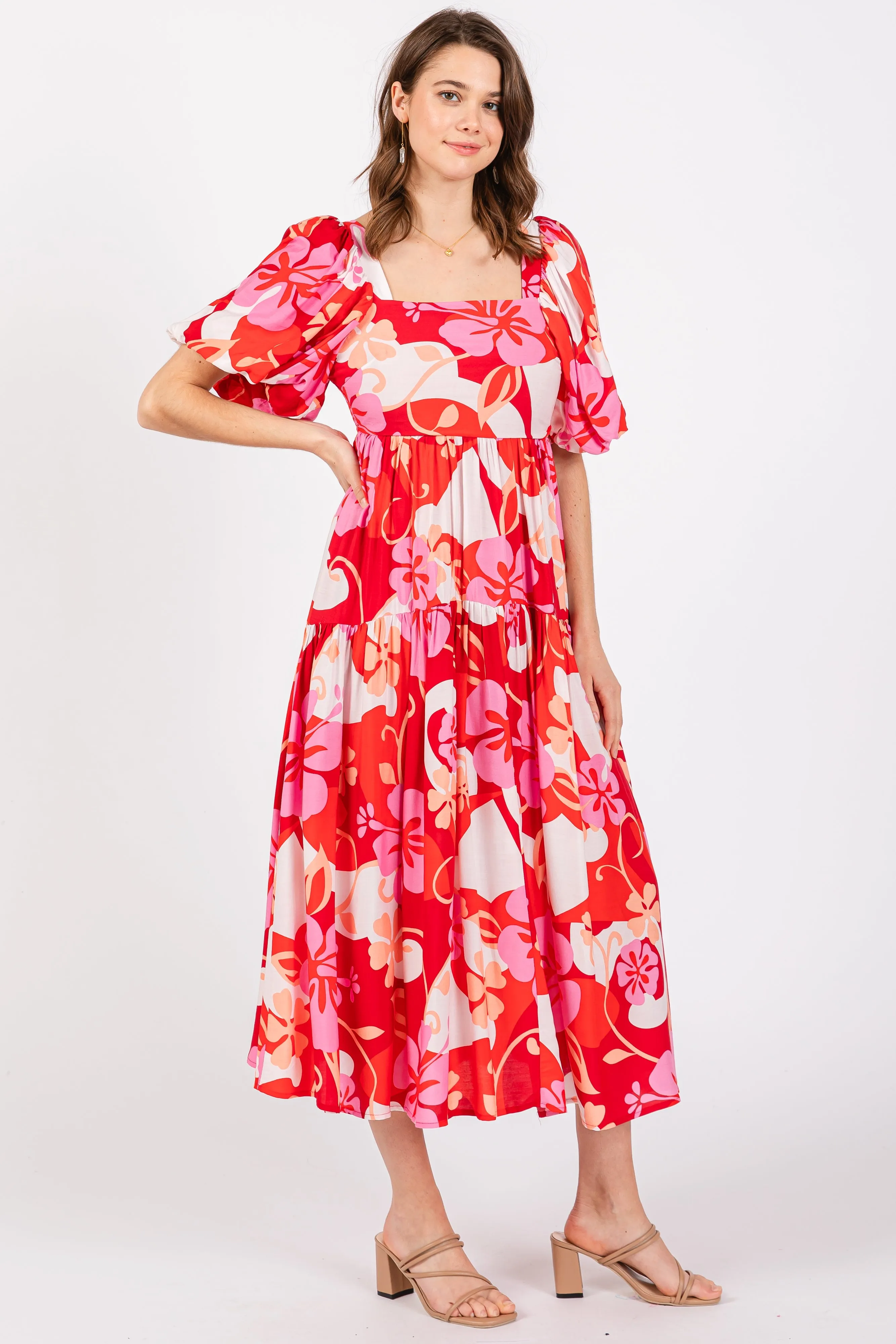Red Floral Tiered Puff Sleeve Midi Dress sold by Pinkblush product image thumbnail 2