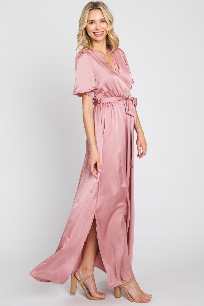 Pink Satin Wrap Front V-Neck Short Sleeve Side Slit Maxi Dress sold by Pinkblush product image thumbnail 2