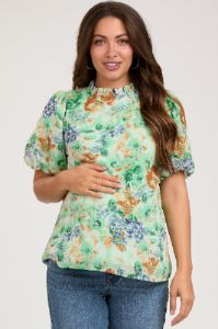 Green Floral Puff Sleeve Maternity Blouse sold by Pinkblush