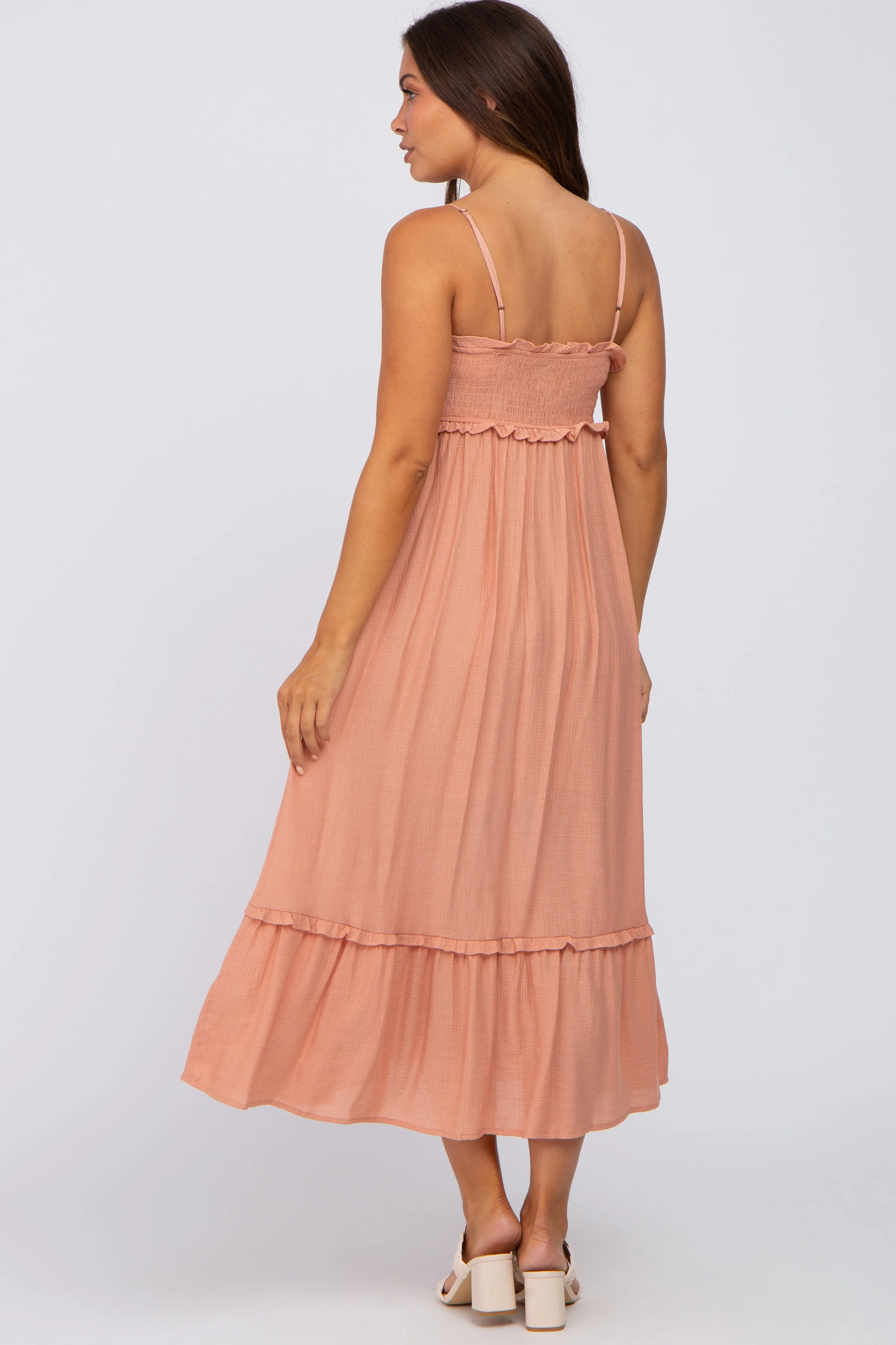Peach Smocked Button Accent Maternity Midi Dress sold by Pinkblush product image thumbnail 3