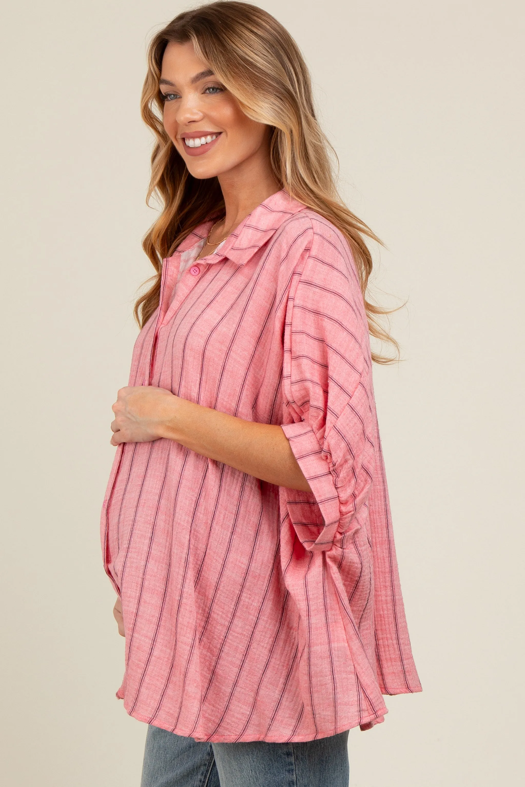 Pink Striped Collared Oversized Maternity Top sold by Pinkblush product image thumbnail 4