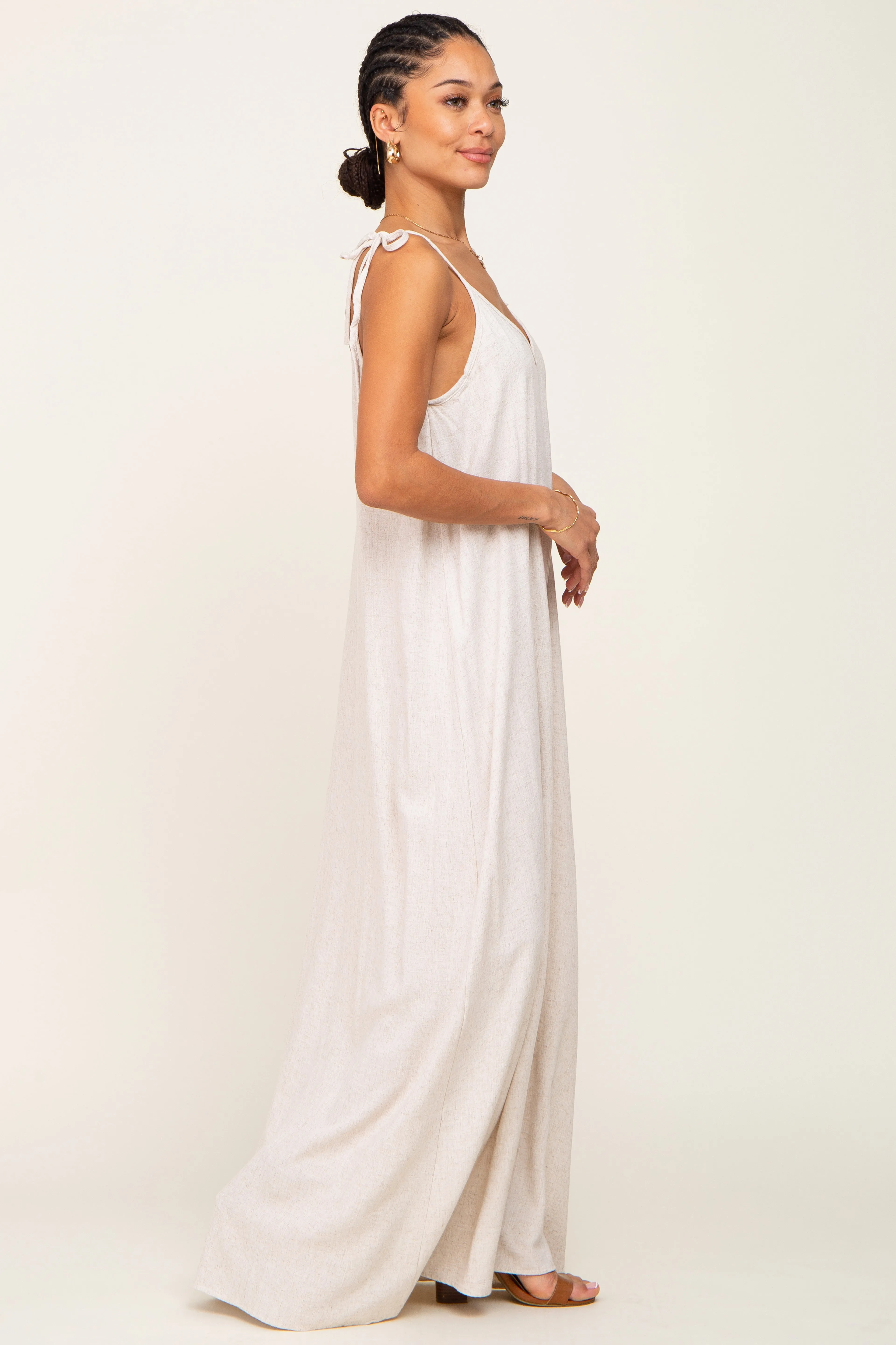 Beige Linen V-Neck Tie Strap Maxi Dress sold by Pinkblush product image thumbnail 2