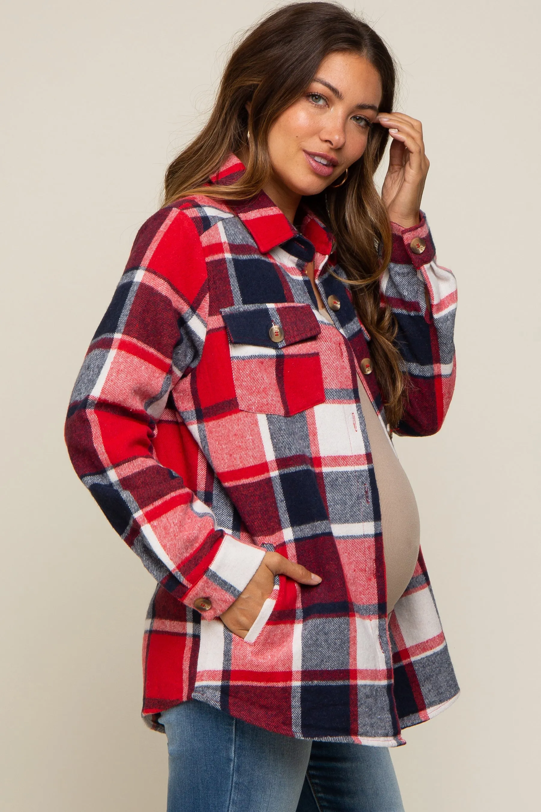 Red Plaid Maternity Shirt Jacket sold by Pinkblush product image thumbnail 2