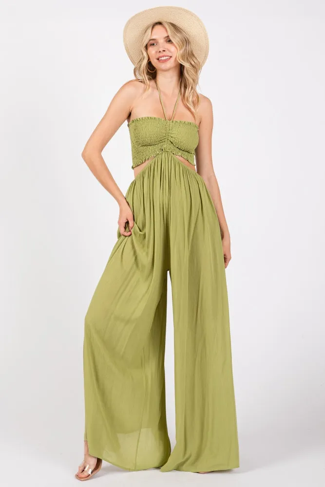 Lime Smocked Drawstring Halter Side Cutout Jumpsuit sold by Pinkblush product image thumbnail 5