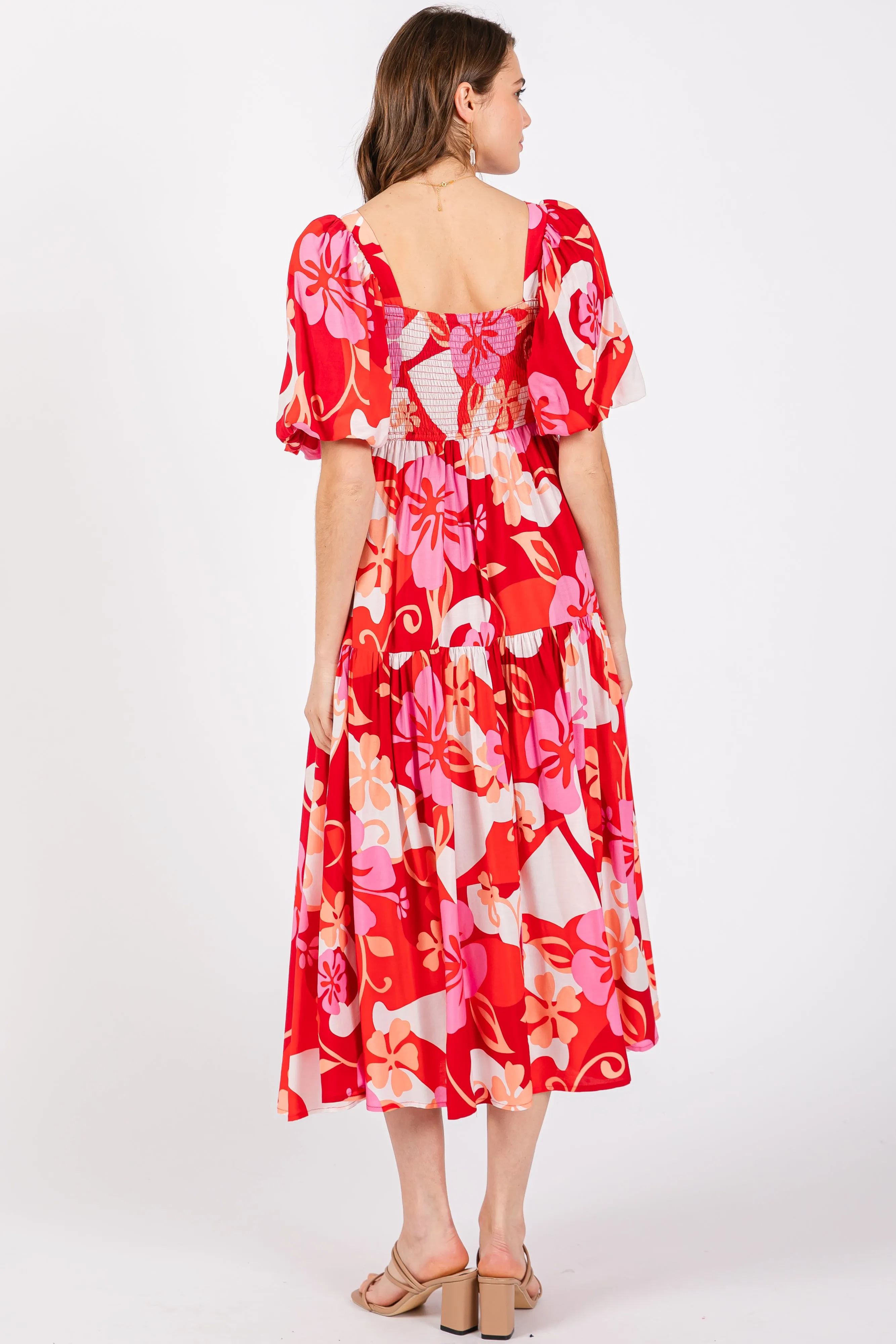Red Floral Tiered Puff Sleeve Midi Dress sold by Pinkblush product image thumbnail 3