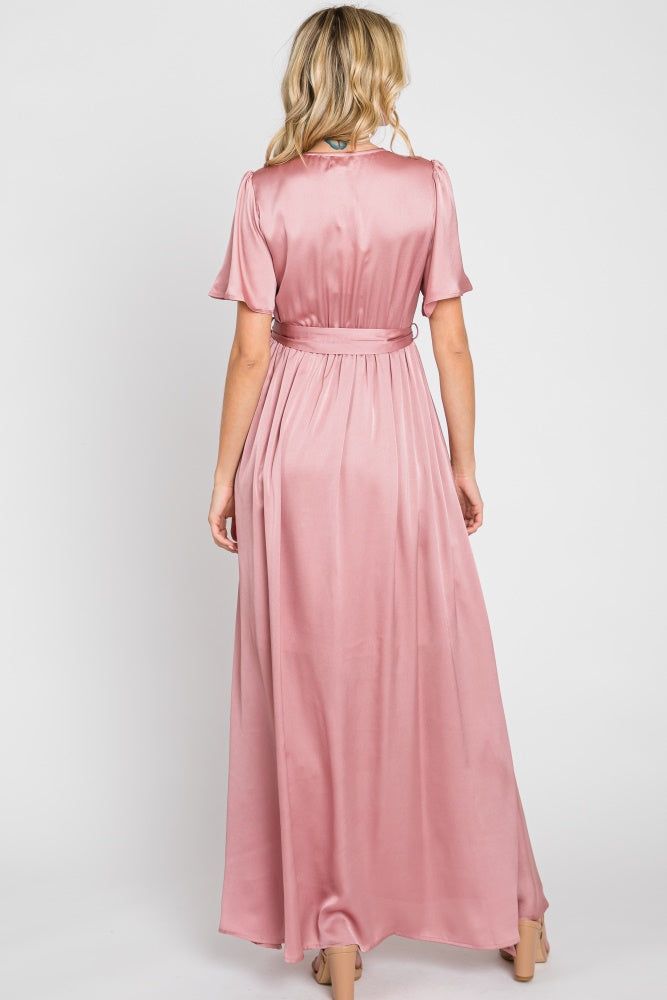 Pink Satin Wrap Front V-Neck Short Sleeve Side Slit Maxi Dress sold by Pinkblush product image thumbnail 3