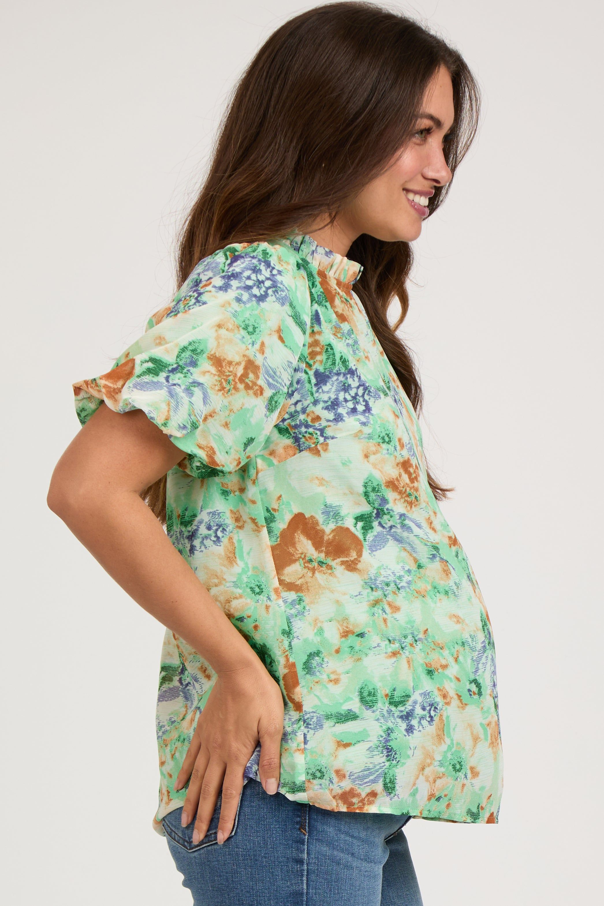 Green Floral Puff Sleeve Maternity Blouse sold by Pinkblush product image thumbnail 3