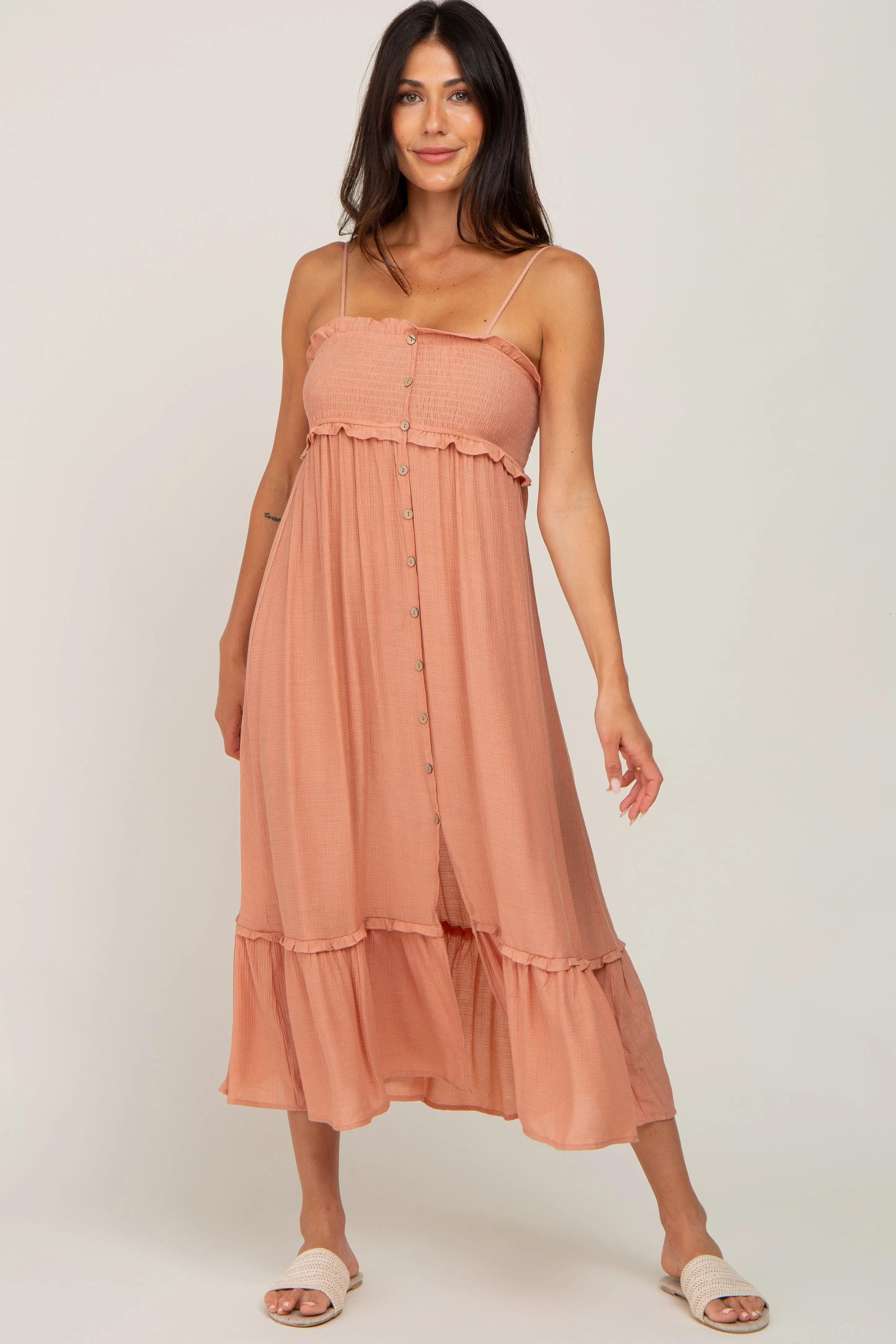 Peach Smocked Button Accent Maternity Midi Dress sold by Pinkblush product image thumbnail 4