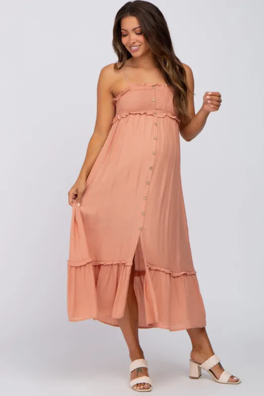 Peach Smocked Button Accent Maternity Midi Dress sold by Pinkblush