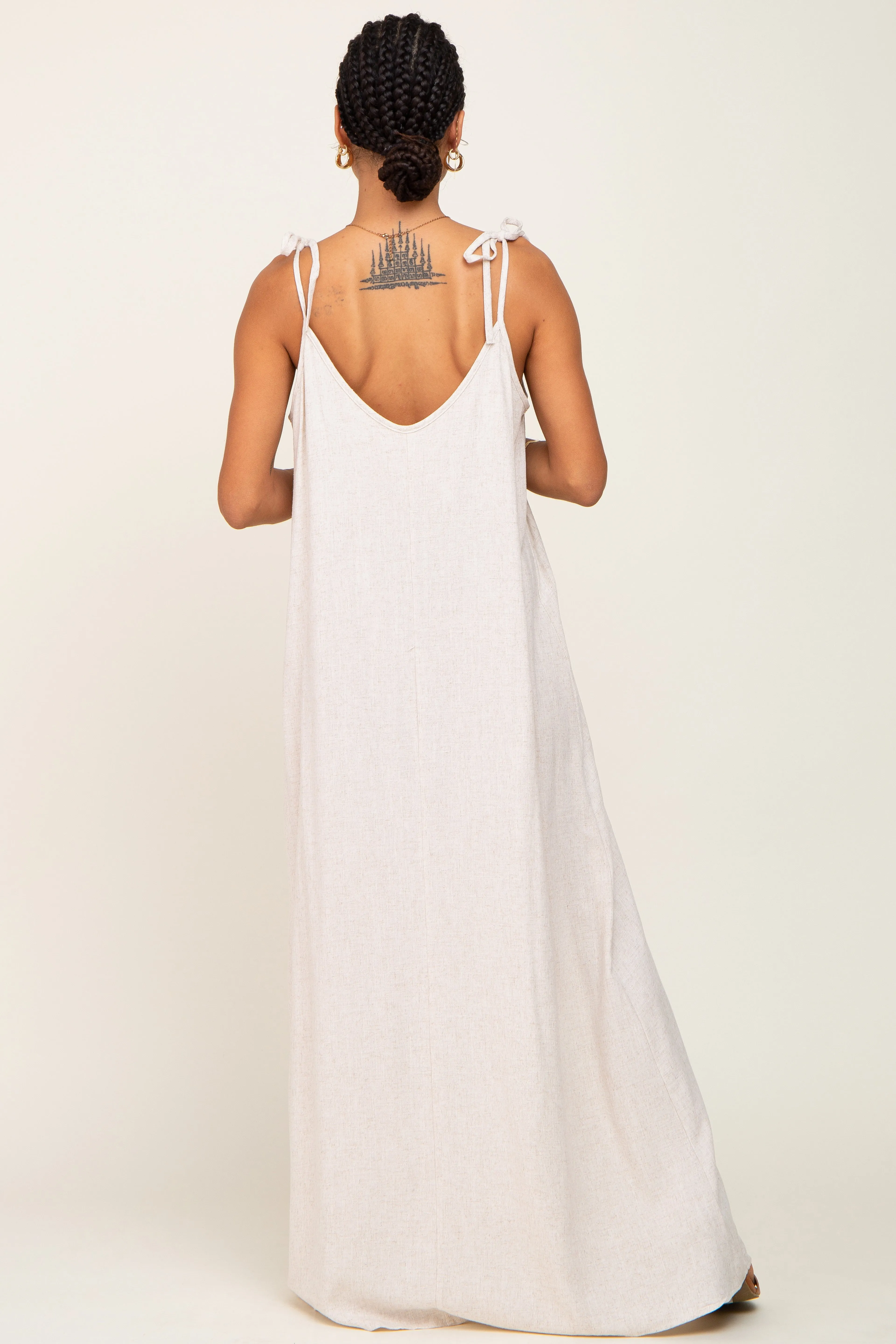 Beige Linen V-Neck Tie Strap Maxi Dress sold by Pinkblush product image thumbnail 3