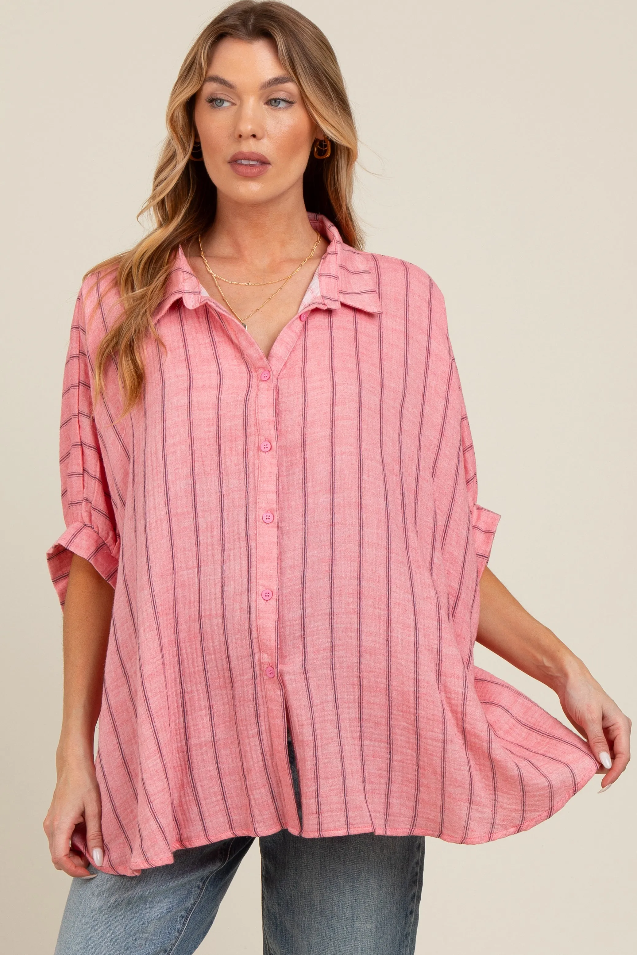Pink Striped Collared Oversized Maternity Top sold by Pinkblush product image thumbnail 2