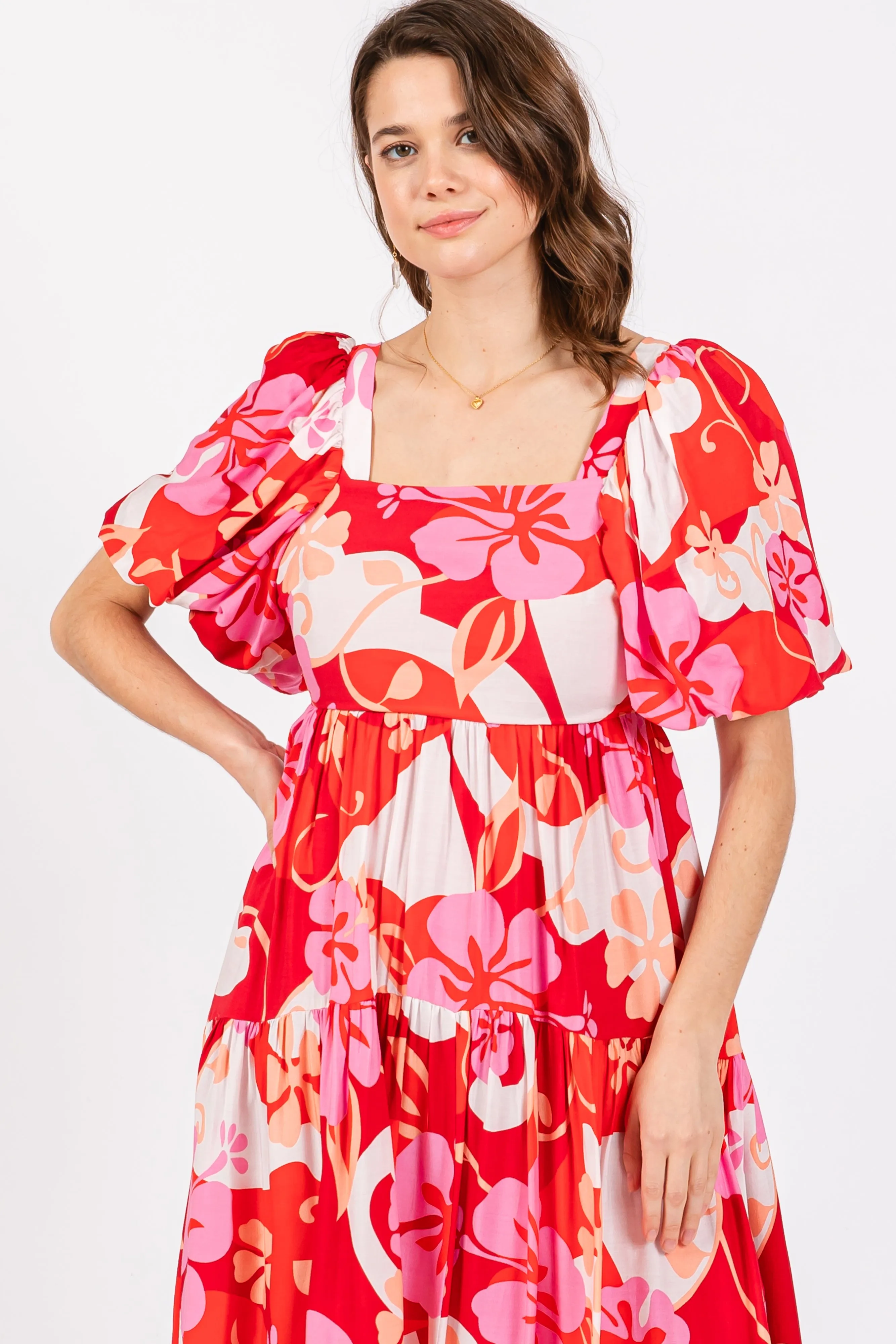 Red Floral Tiered Puff Sleeve Midi Dress sold by Pinkblush product image thumbnail 4