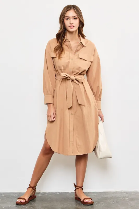 Taupe Flap Pocket Belted Shirt Dress sold by Pinkblush
