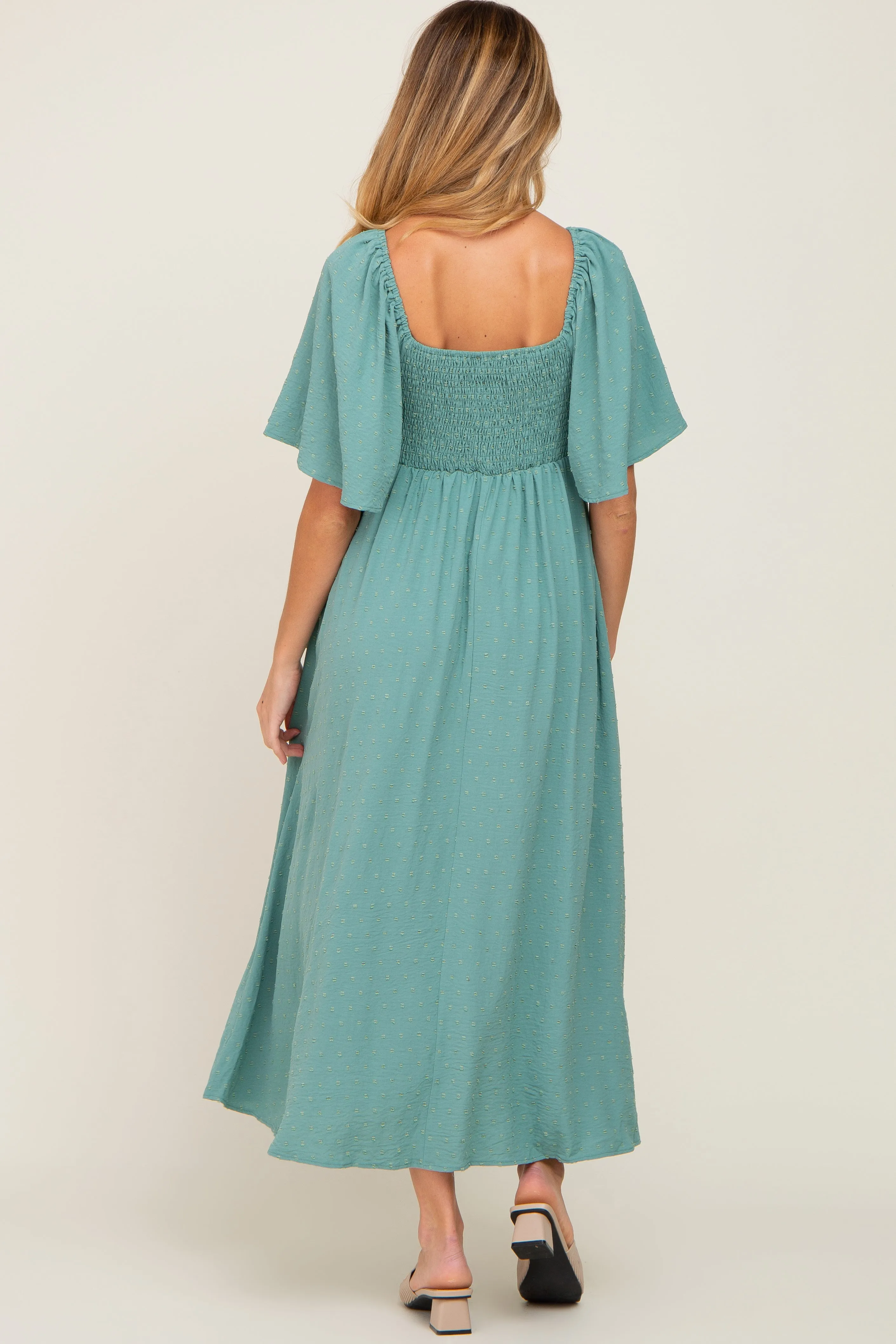 Sage Textured Dot Front Tie Ruffle Sleeve Maternity Midi Dress sold by Pinkblush product image thumbnail 3