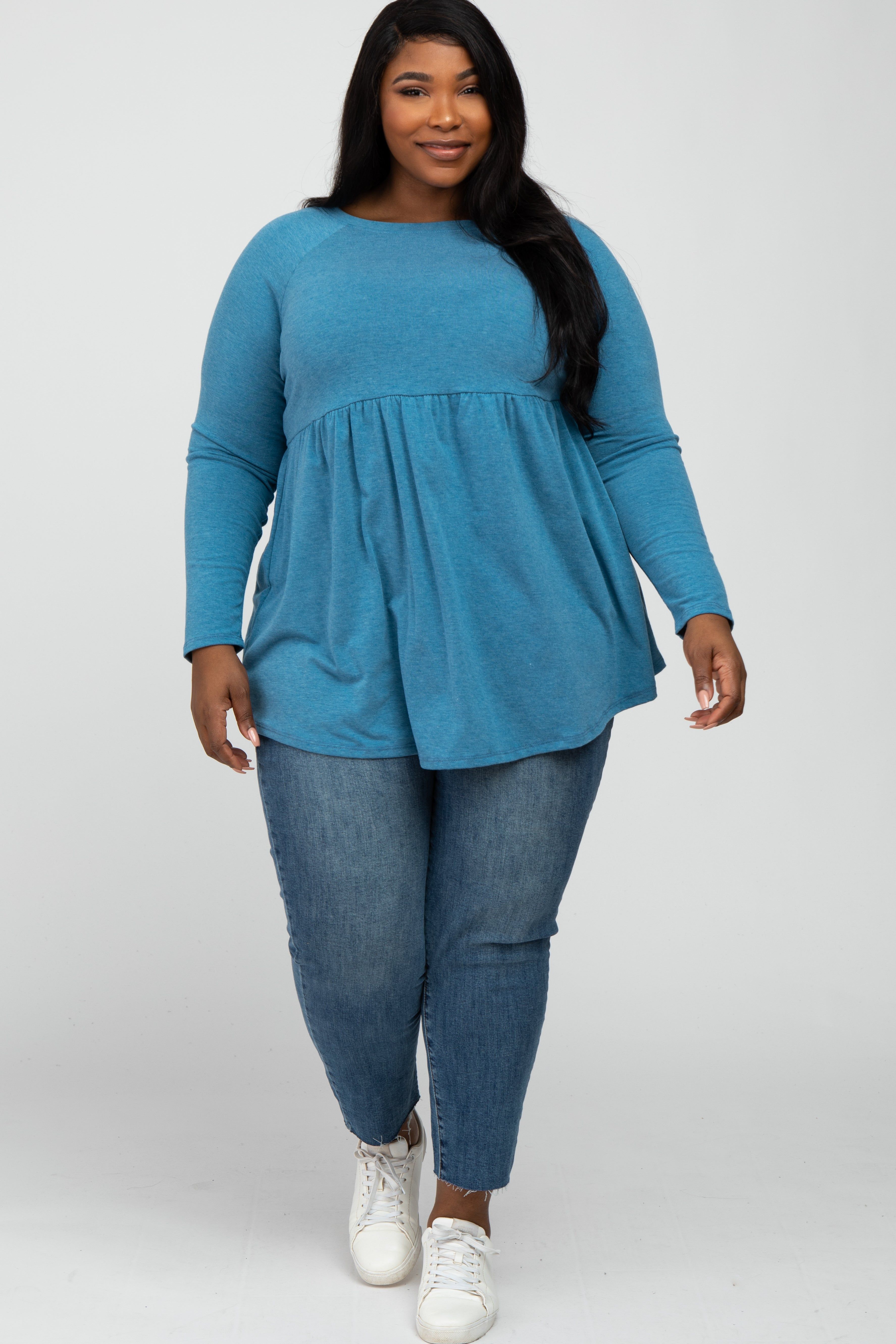 Teal Solid Long Sleeve Peplum Plus Top sold by Pinkblush product image thumbnail 2