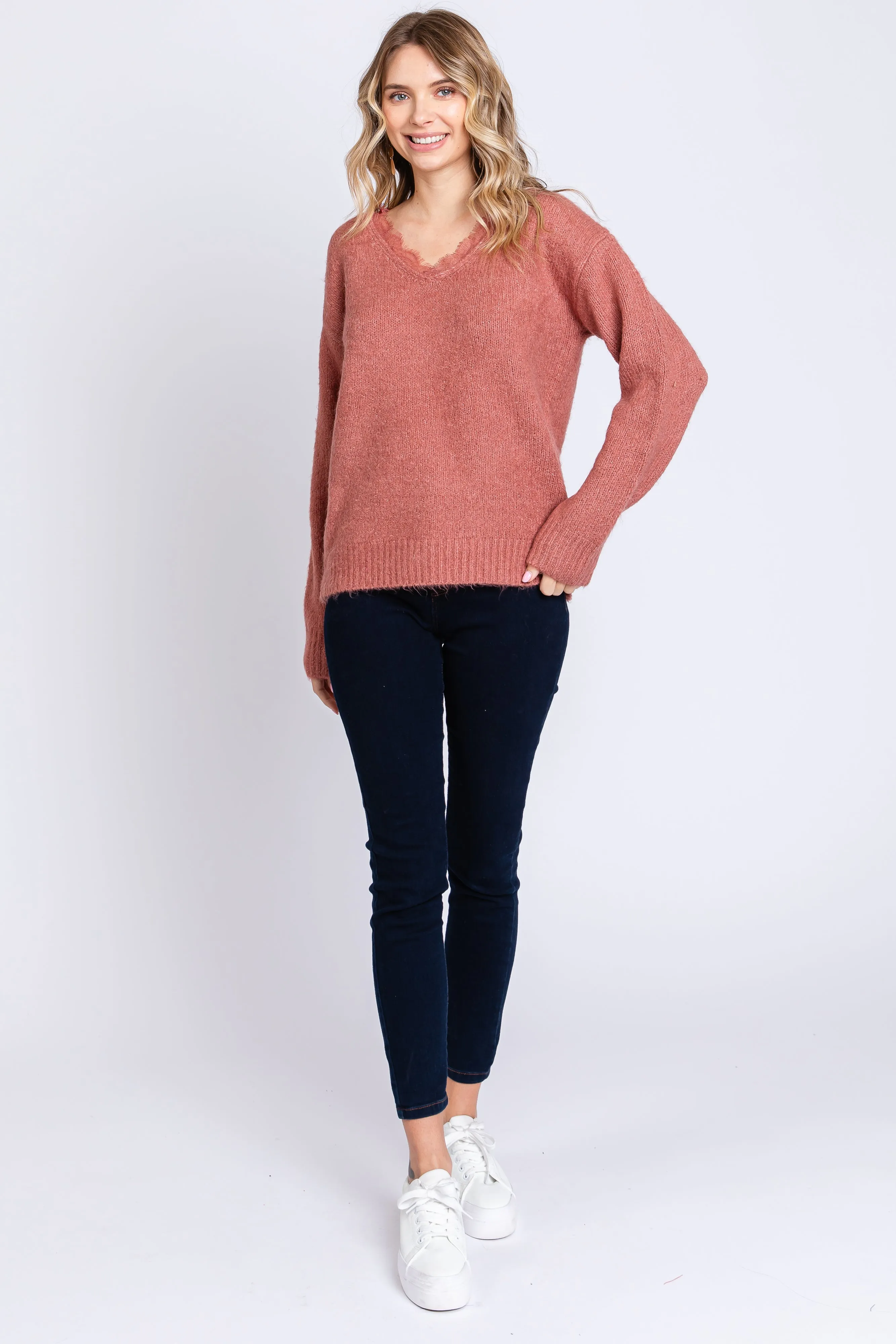 Mauve Soft Knit Lace Trim Sweater sold by Pinkblush product image thumbnail 4