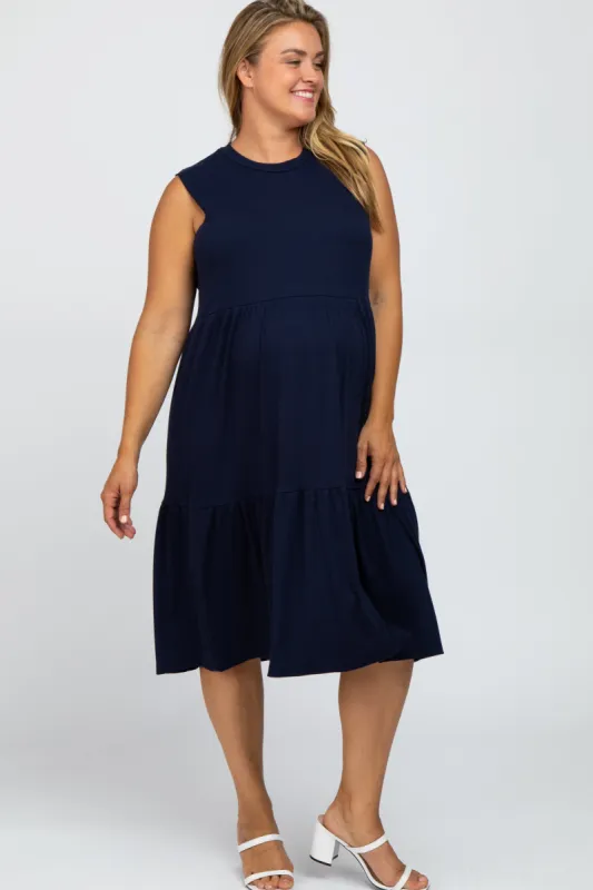 Navy Ribbed Sleeveless Plus Maternity Midi Dress sold by Pinkblush