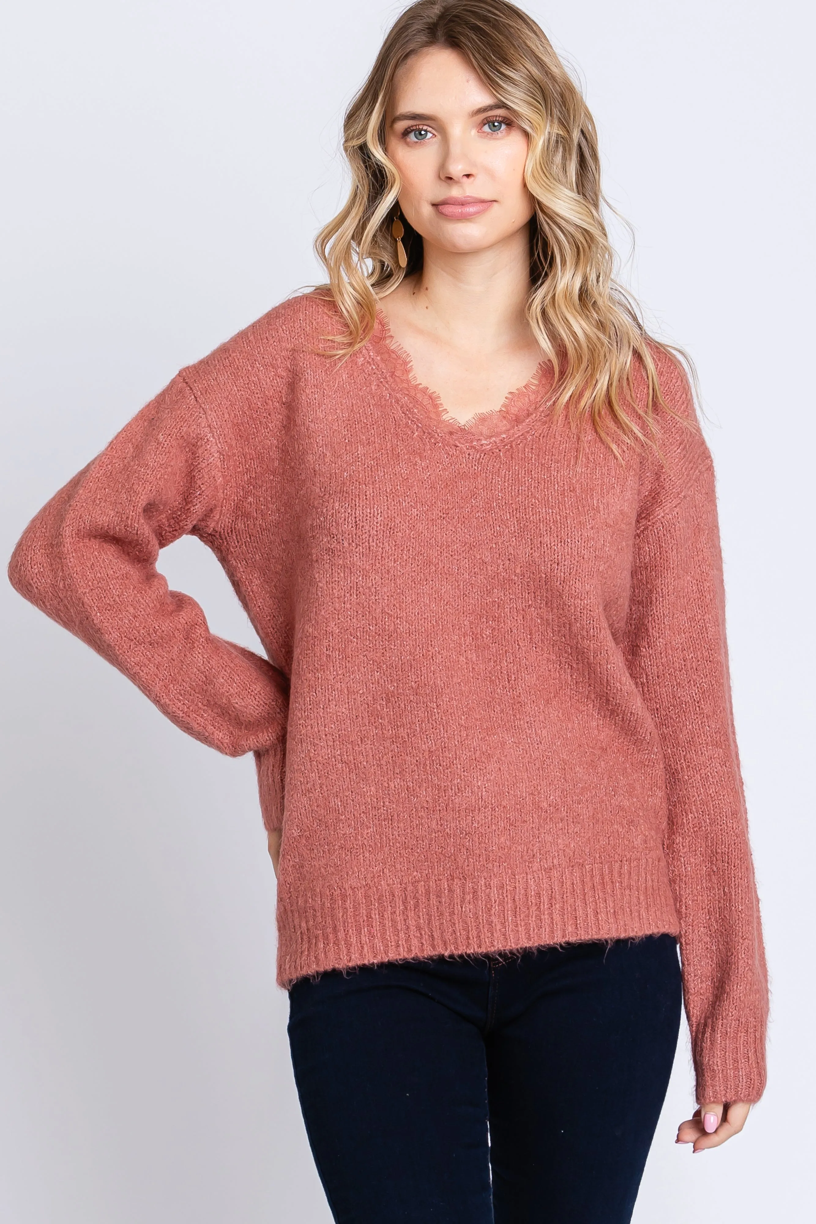 Mauve Soft Knit Lace Trim Sweater sold by Pinkblush