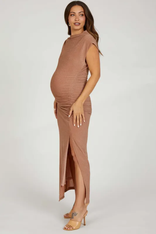 Mocha Glitter Mock Neck Maternity Midi Dress sold by Pinkblush