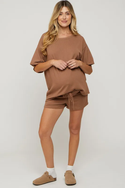 Mocha Ribbed T-Shirt and Short Maternity Set sold by Pinkblush