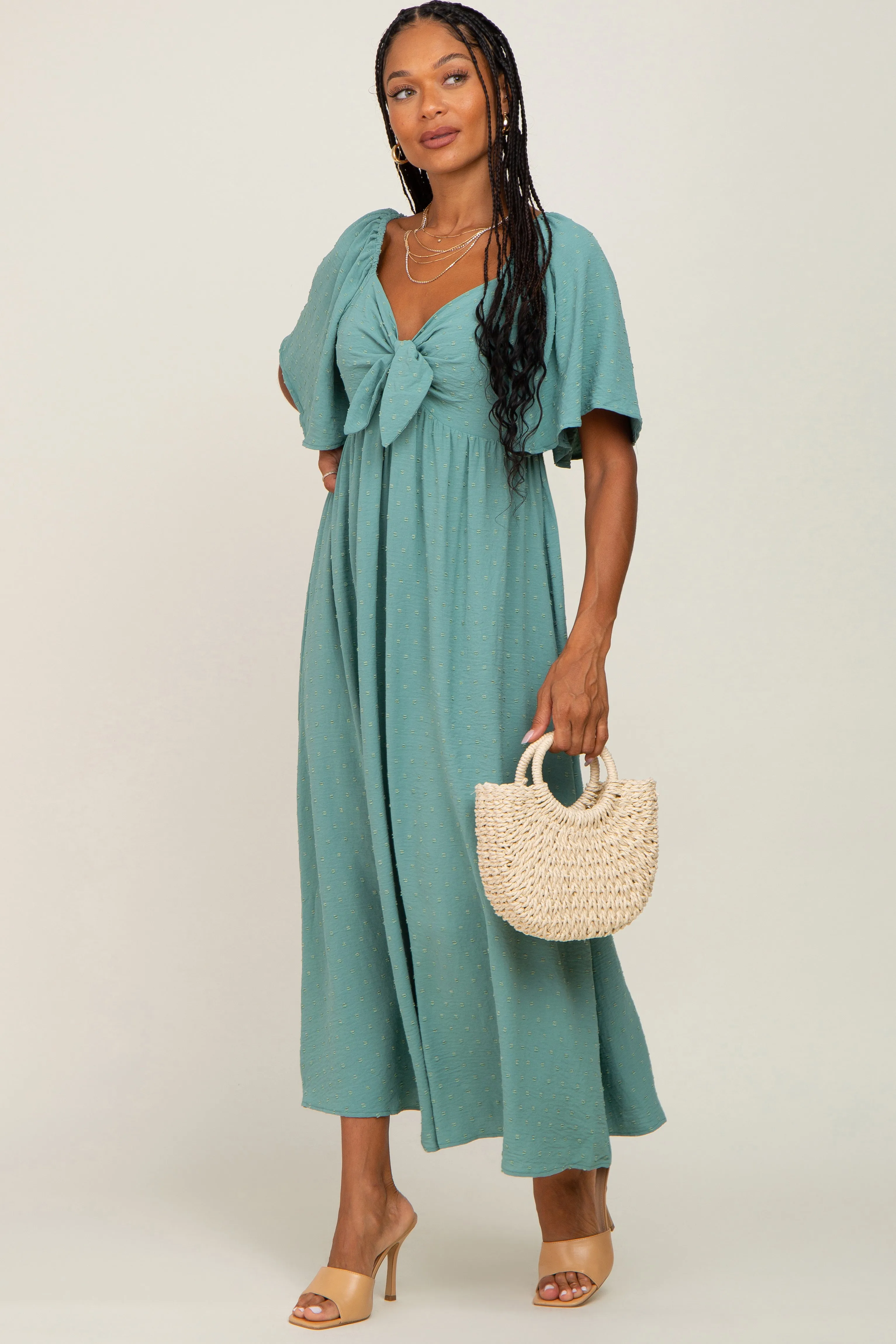 Sage Textured Dot Front Tie Ruffle Sleeve Maternity Midi Dress sold by Pinkblush product image thumbnail 4