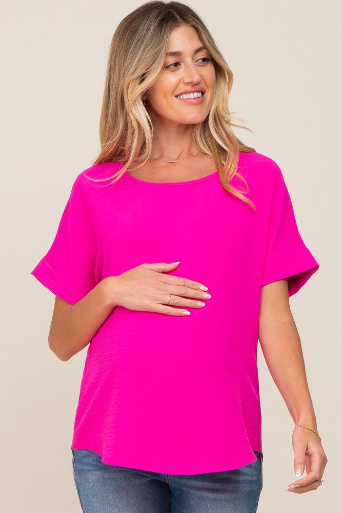 Fuchsia Rolled Cuff Short Sleeve Maternity Blouse sold by Pinkblush