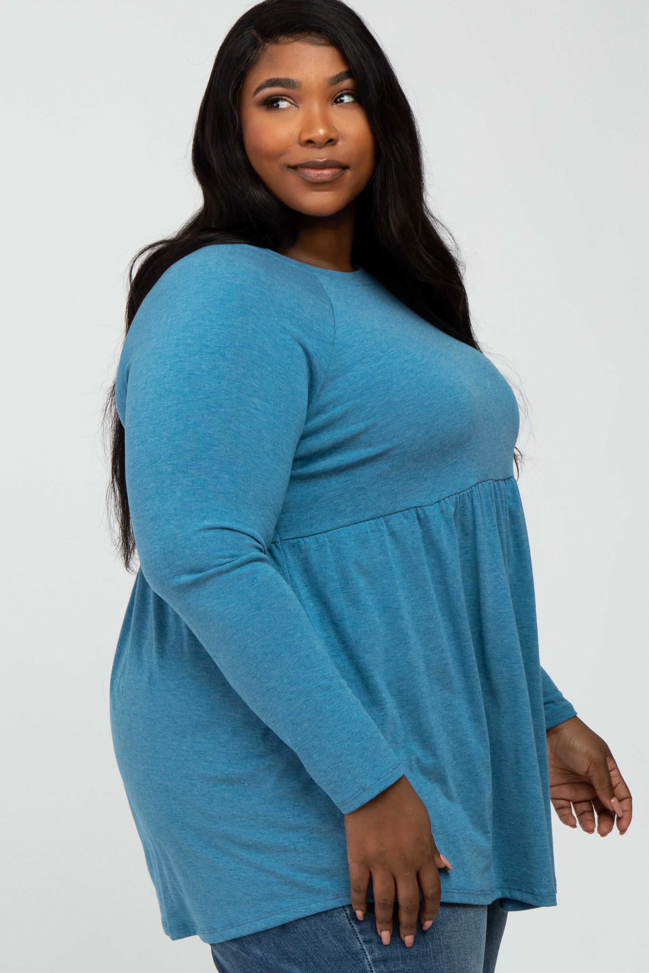 Teal Solid Long Sleeve Peplum Plus Top sold by Pinkblush product image thumbnail 3