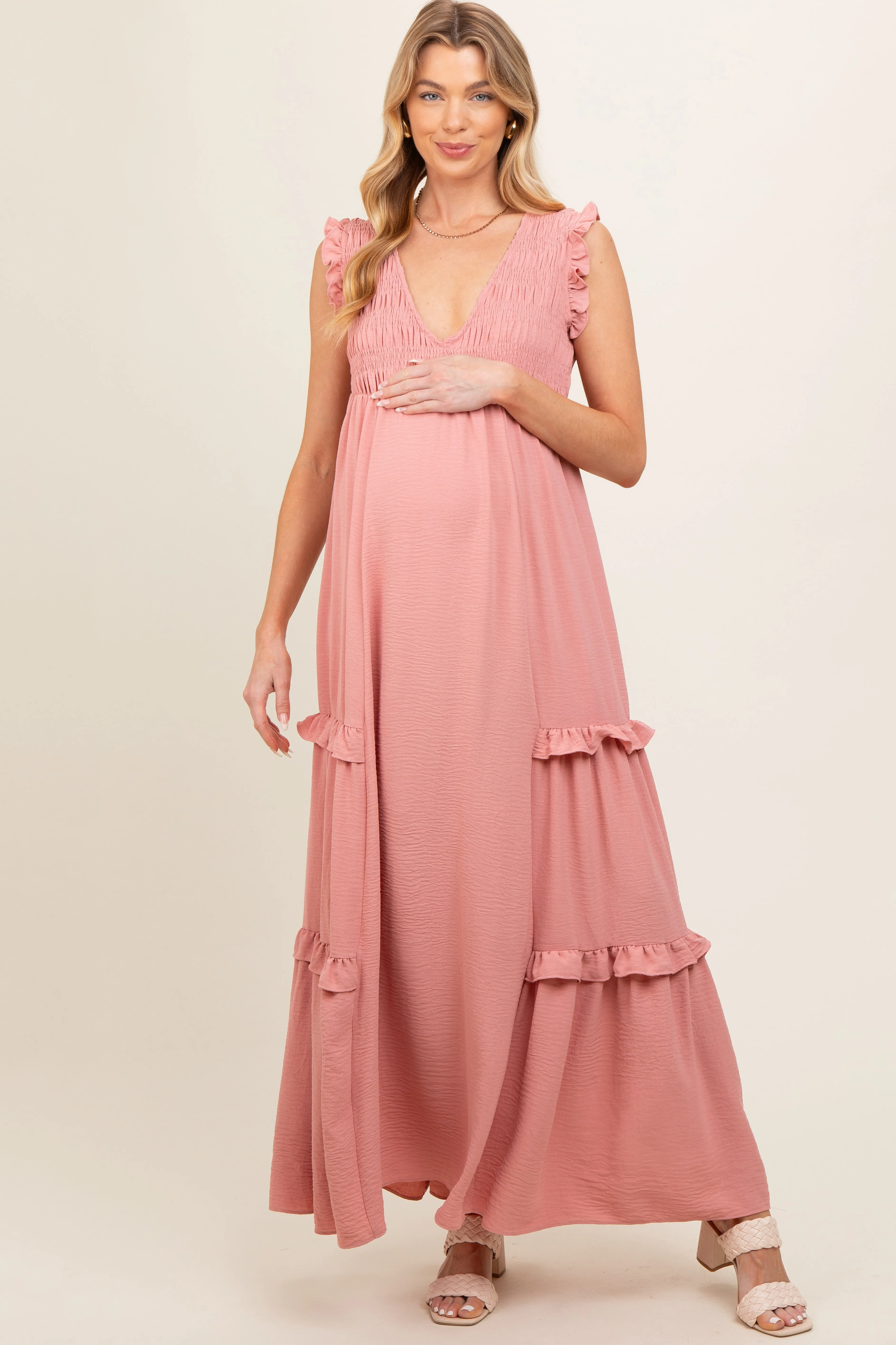 Mauve Smocked Ruffle V-Neck Maternity Maxi Dress sold by Pinkblush