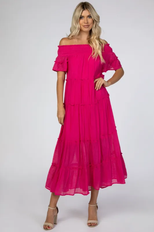 Fuchsia Off Shoulder Tiered Maxi Dress sold by Pinkblush