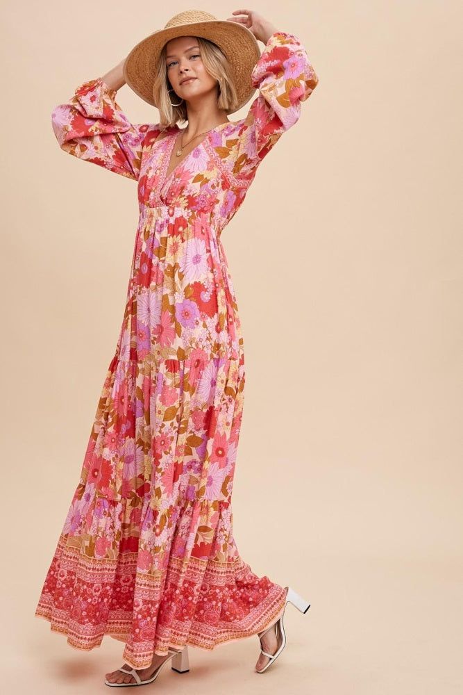 Pink Floral Long Sleeve Tiered Maxi Dress sold by Pinkblush product image thumbnail 2