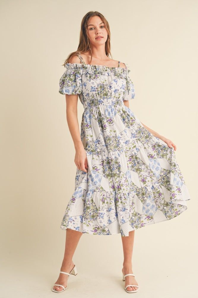 Blue Multi Floral Off Shoulder Tie Strap Midi Dress sold by Pinkblush