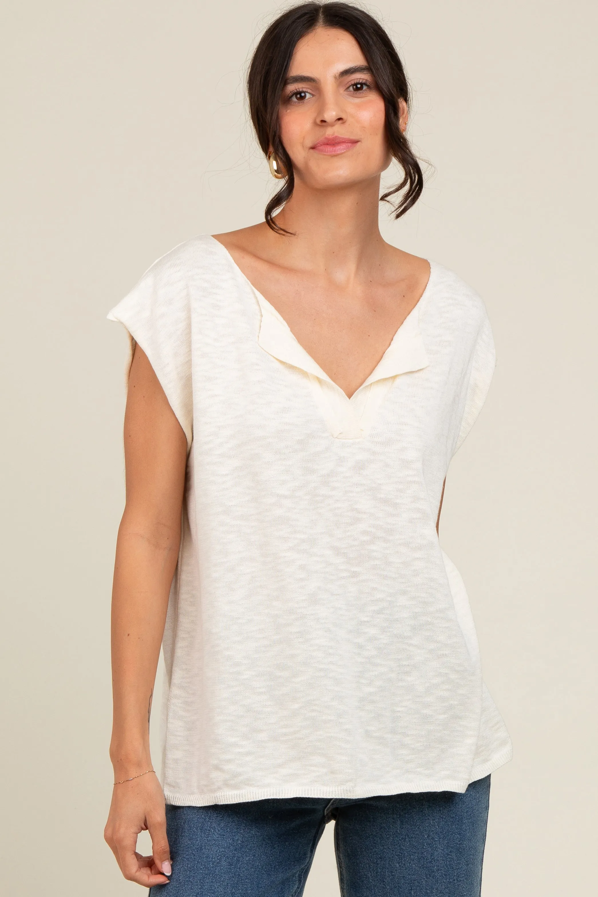 Ivory Two Tone Split V-Neck Dolman Short Sleeve Top sold by Pinkblush product image thumbnail 2