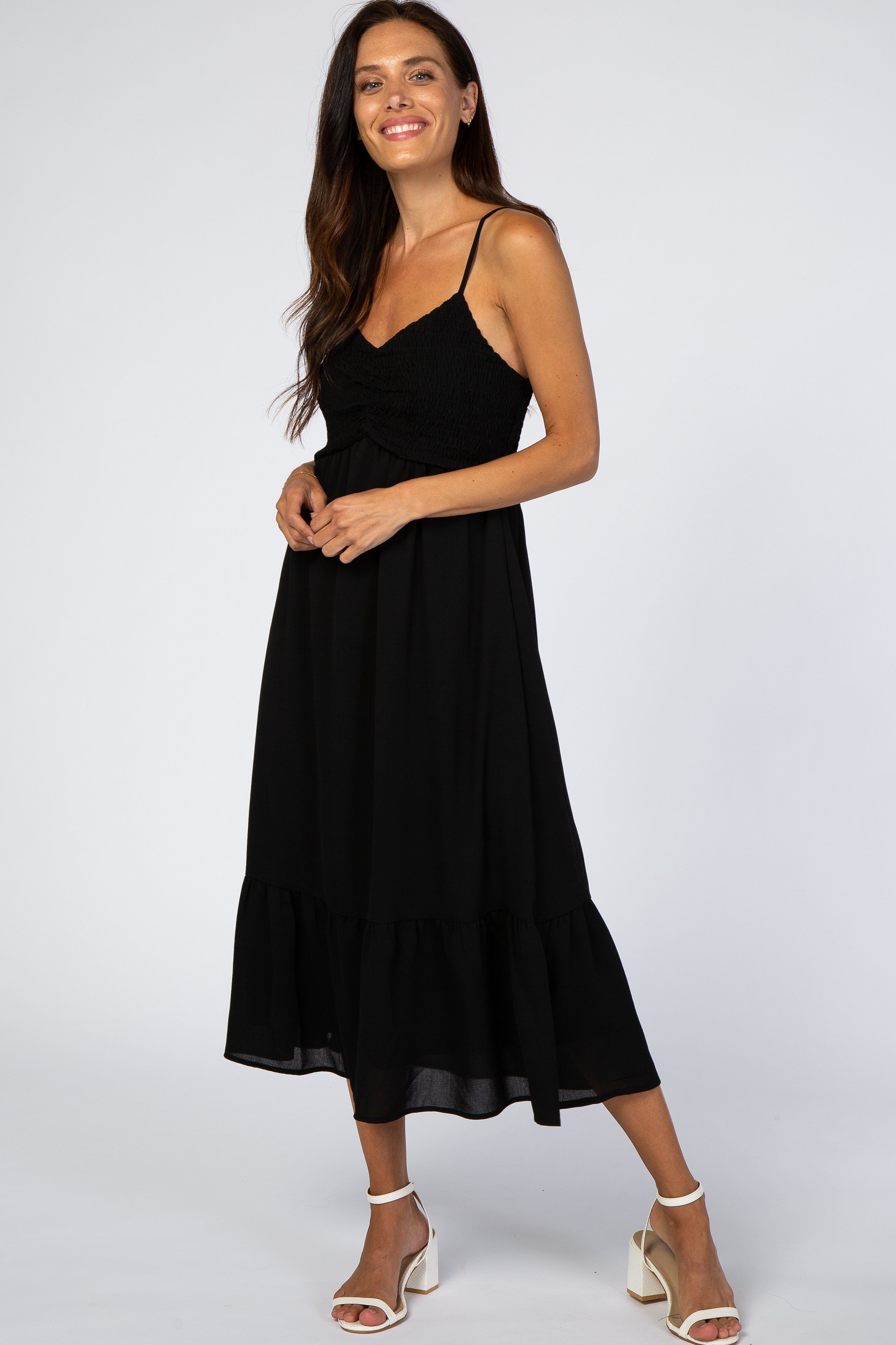 Black Smocked Chiffon Midi Dress sold by Pinkblush