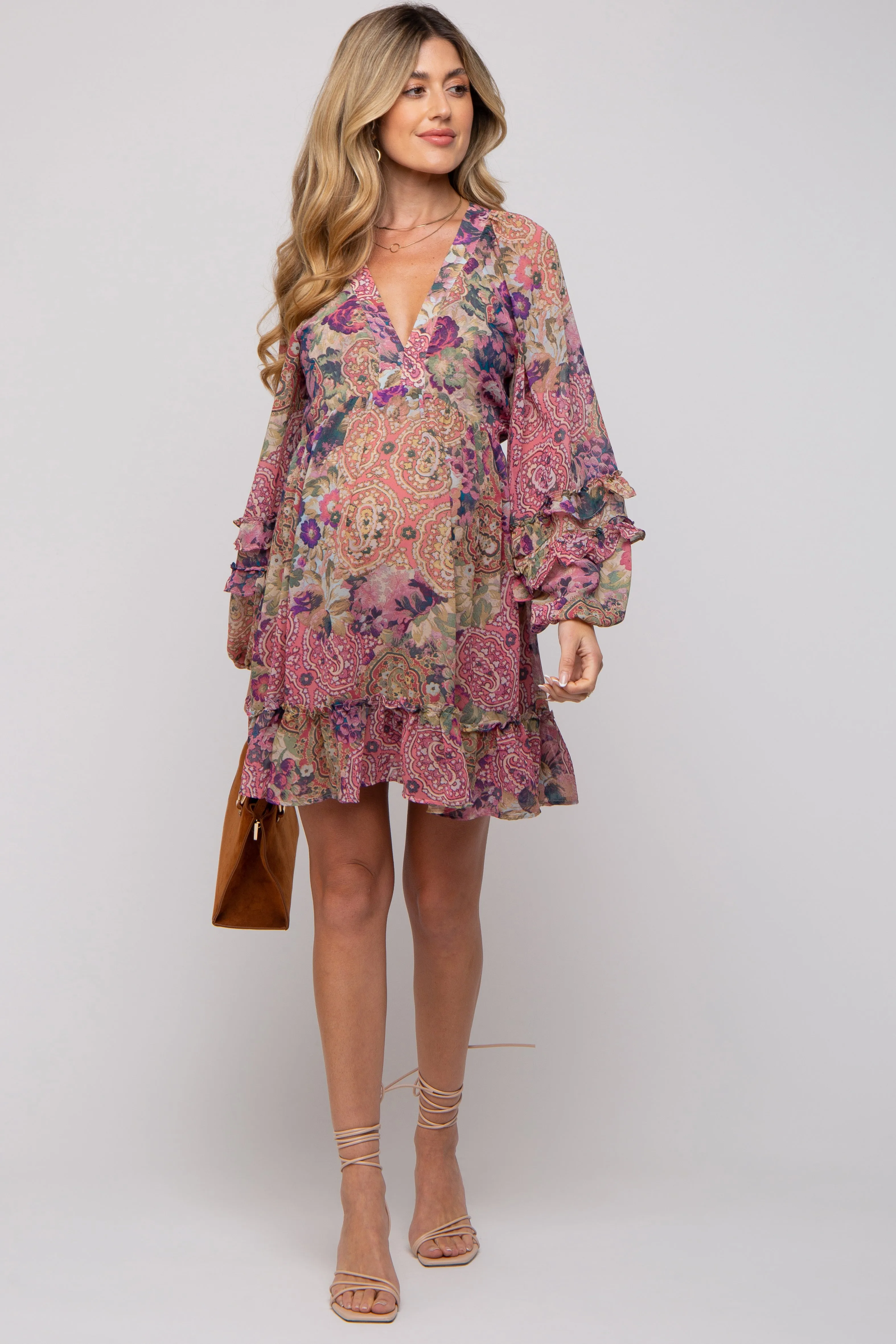 Pink Multicolor Floral Ruffle Balloon Sleeve Maternity Dress sold by Pinkblush product image thumbnail 5