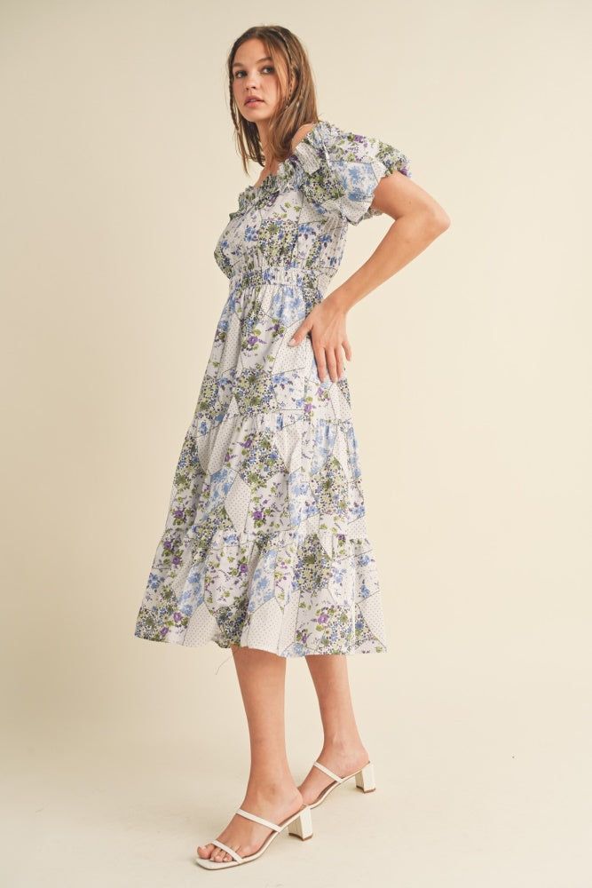 Blue Multi Floral Off Shoulder Tie Strap Midi Dress sold by Pinkblush product image thumbnail 2