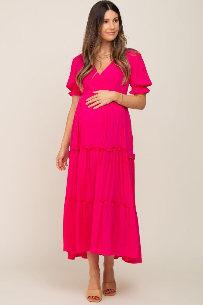 Fuchsia Wrap Front V-Neck Short Sleeve Tiered Maternity Maxi Dress sold by Pinkblush product image thumbnail 4