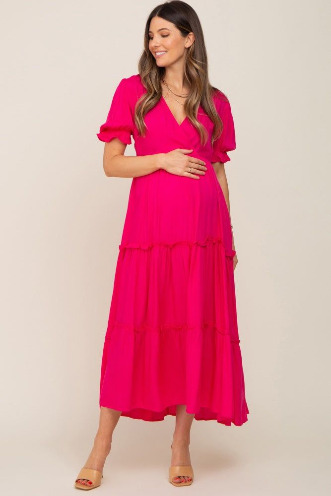 Fuchsia Wrap Front V-Neck Short Sleeve Tiered Maternity Maxi Dress sold by Pinkblush
