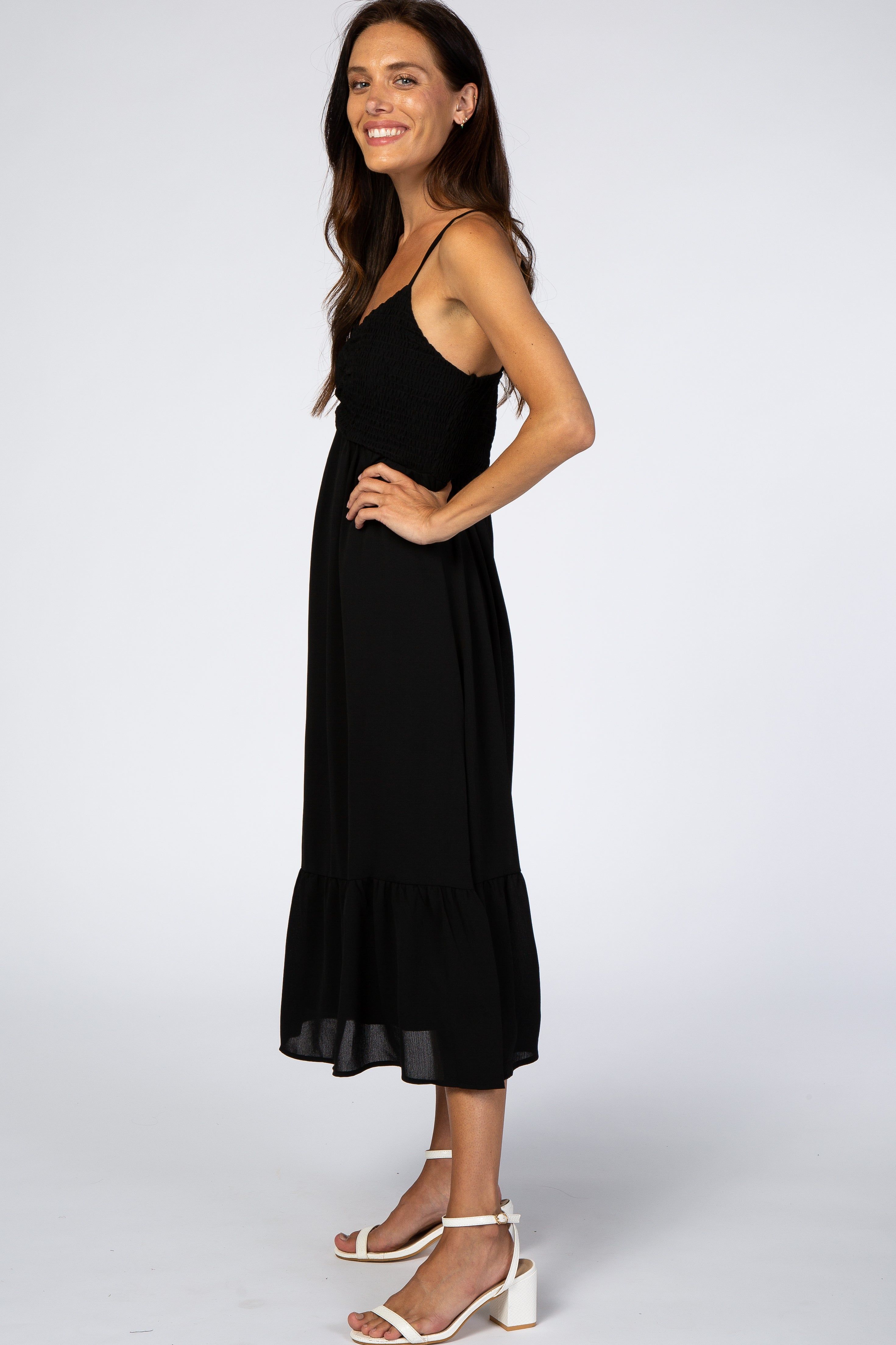 Black Smocked Chiffon Midi Dress sold by Pinkblush product image thumbnail 2
