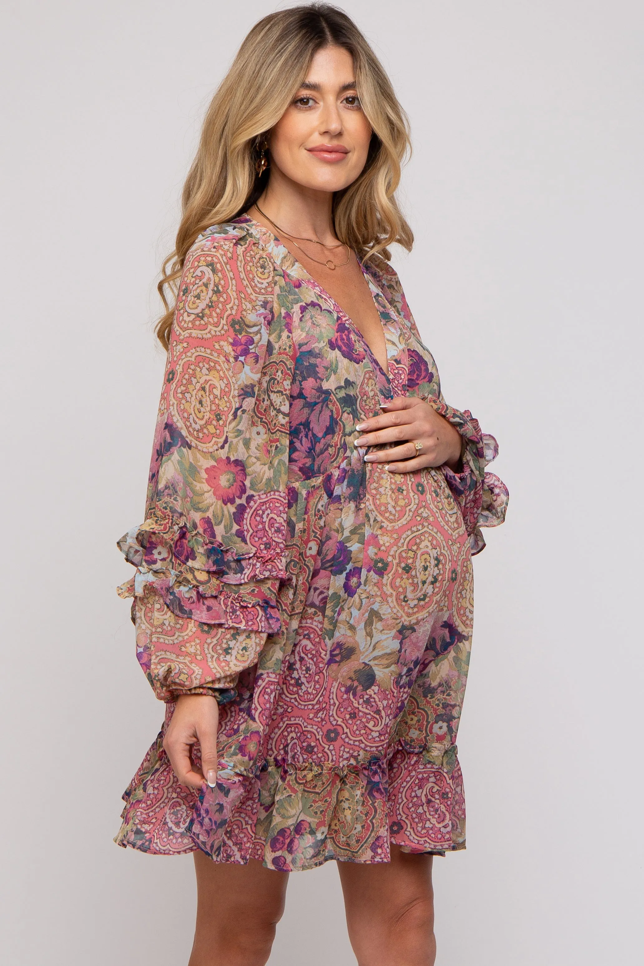Pink Multicolor Floral Ruffle Balloon Sleeve Maternity Dress sold by Pinkblush product image thumbnail 3