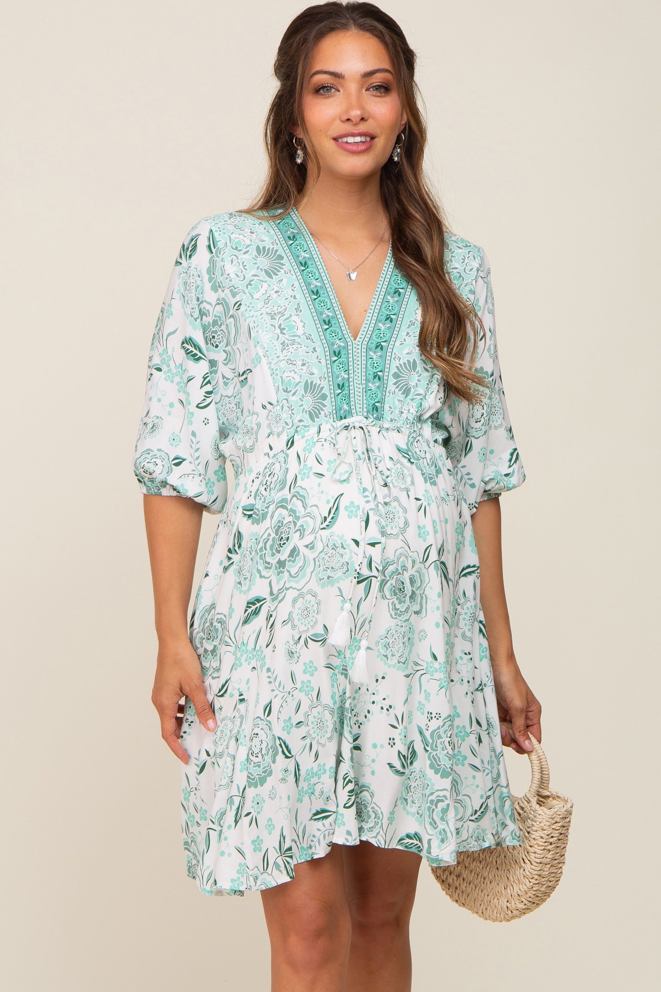 Mint Green Floral Border Print Maternity Dress sold by Pinkblush