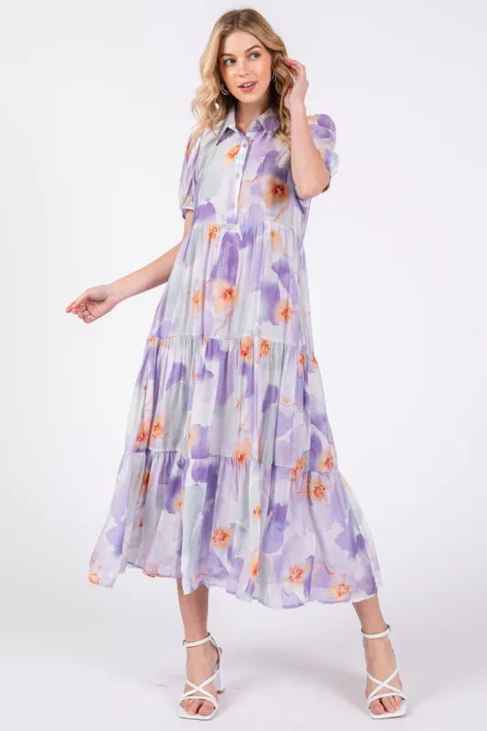 Lavender Floral Button Front Short Sleeve Tiered Midi Dress sold by Pinkblush