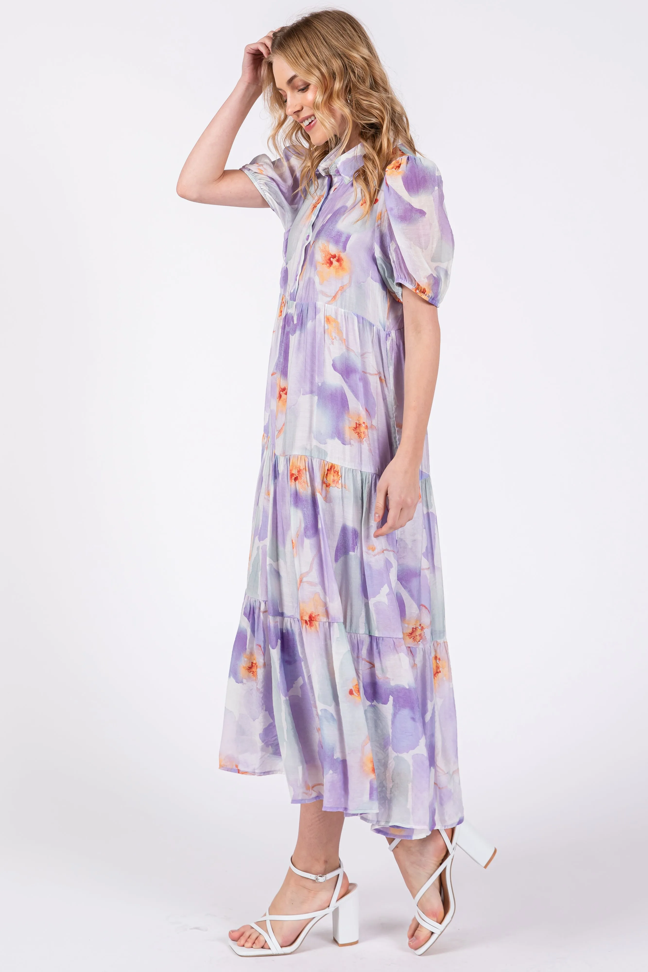 Lavender Floral Button Front Short Sleeve Tiered Midi Dress sold by Pinkblush product image thumbnail 2